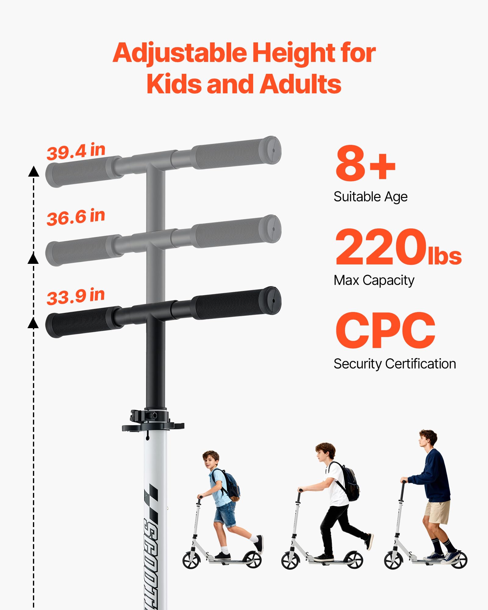 VEVOR Patinete 2 Ruedas, para Niños a Partir de 8 Años, Patinete de Calle Plegable con Manillar Regulable en Altura y Base Antideslizante, Chasis de Acero, hasta 100 kg, Color Negro y Blanco