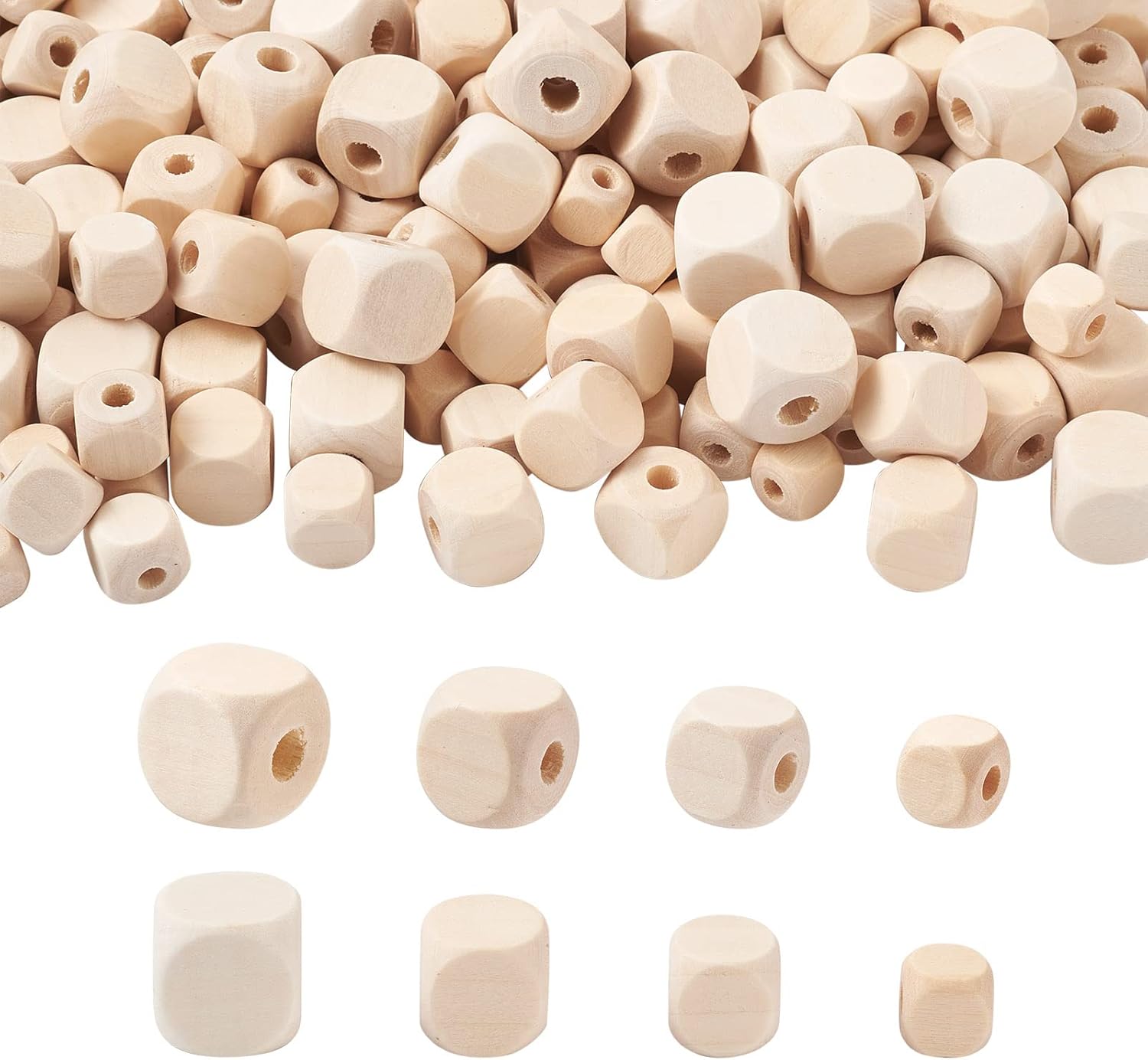 Craftdady 400pcs Natural Unfinished Cube Wood Beads Large Hole Blank Unpainted Square Wooden Loose Beads 10-16mm for Necklace Bracelet DIY Jewelry Making