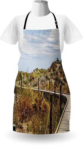 Miniatura 2 de Ambesonne Beach Pathway Apron, Wooden Boardwalk in the Dunes Leading to the Sandy Beach the Path by the Sea, Unisex Kitchen Bib with Adjustable Neck