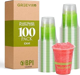 Eco Compostable Plant-Based Clear Plastic Cups 12oz Thick, Reusable, Dis...