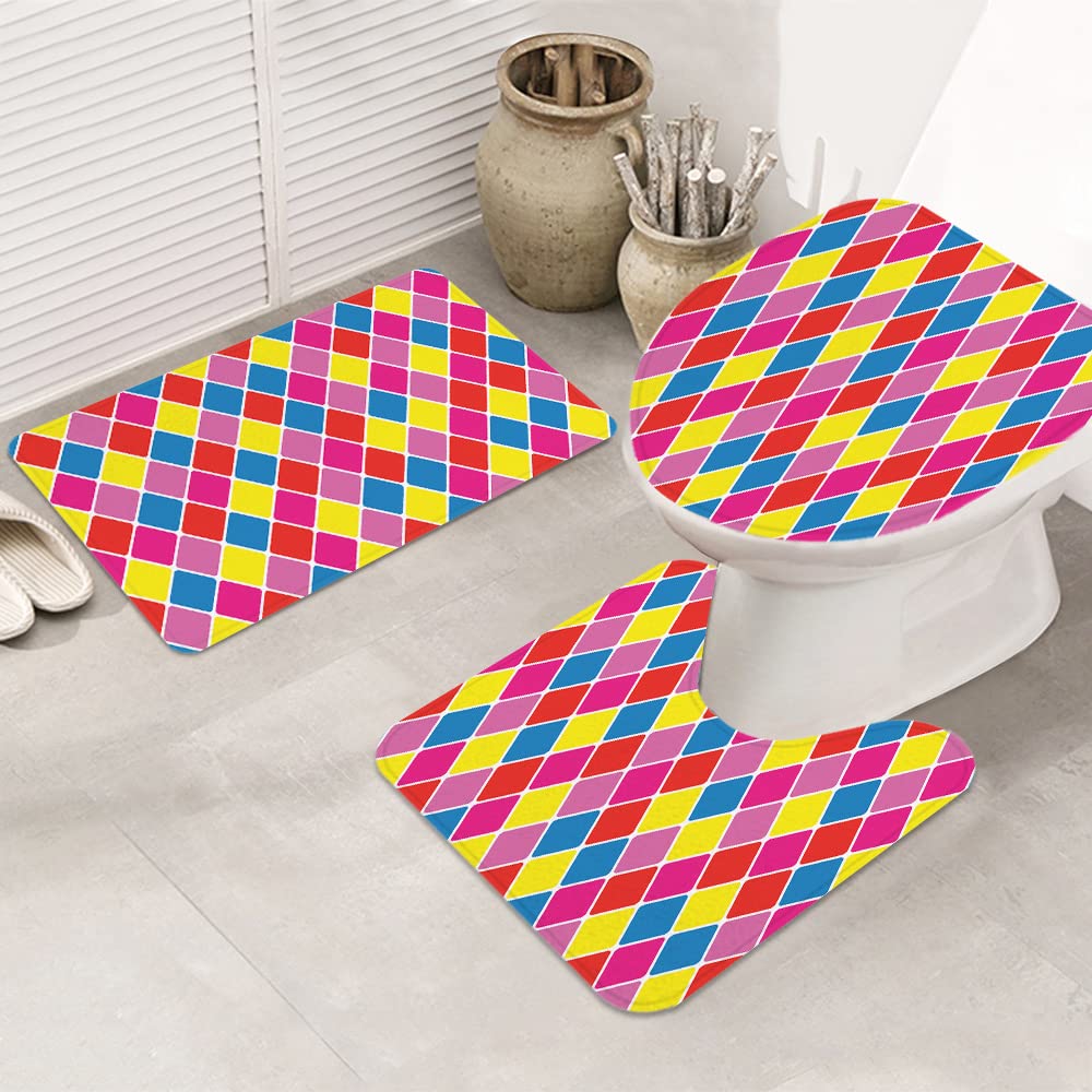 Bath Mat Bathroom Mat Set 3 Pieces Rug,Masquerade Harlequin Parti Coloured 7 Venetian Barocco Baroque Bright Diamond,Toilet Seat Lid Cover Non Slip Mat Anti-Skid Pad Shower Mat