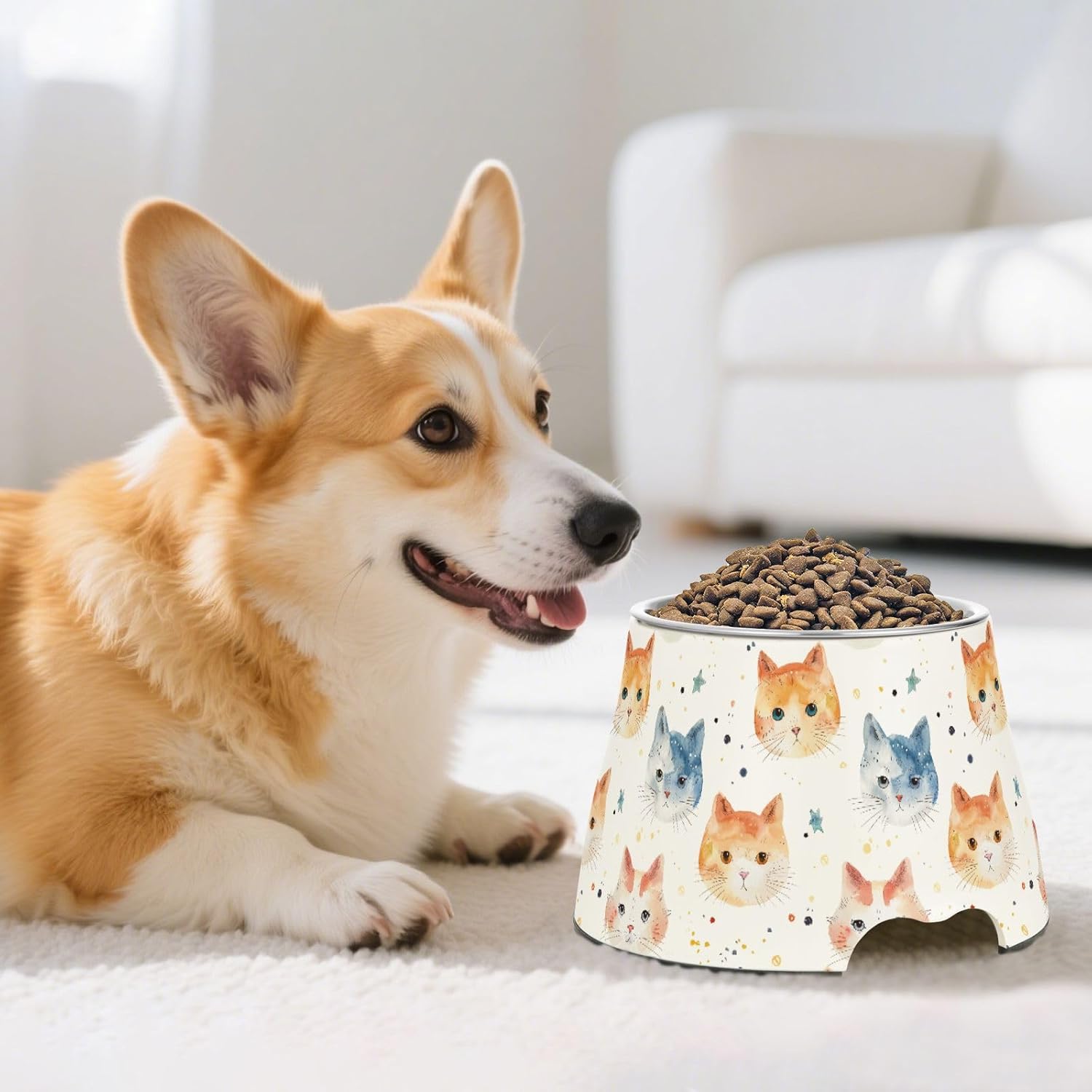 Cute Cat Face Raised Pets Water Bowl with Stand Stainless Steel Cats Food Dish for Slow Feed Cats Whisker Fatigue