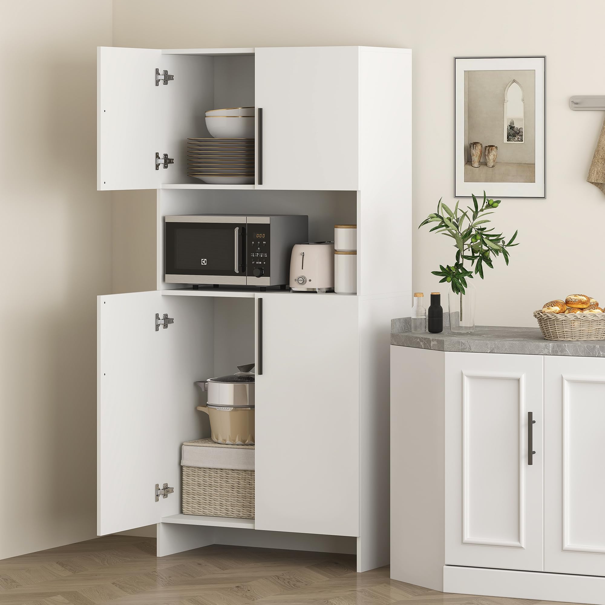 HOMCOM Armoire de Cuisine, Armoire Haute avec Tablette pour Micro-Ondes, Buffet avec Porte Soft-Close, de Rangement Vitrine pour Cuisine Salle à Manger 79x40x175 cm Blanc