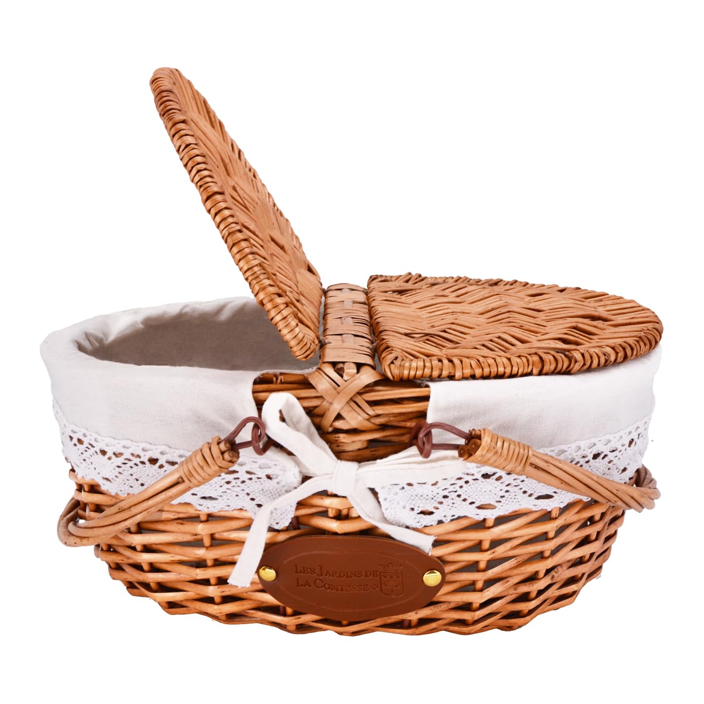 Les Jardins de la Comtesse Panier en Osier Tressé, Osier/Lin/Dentelle, Forme Arrondie, Naturel, 40x31x20/40 cm, Style Champêtre, Pour Pique-nique et Marché
