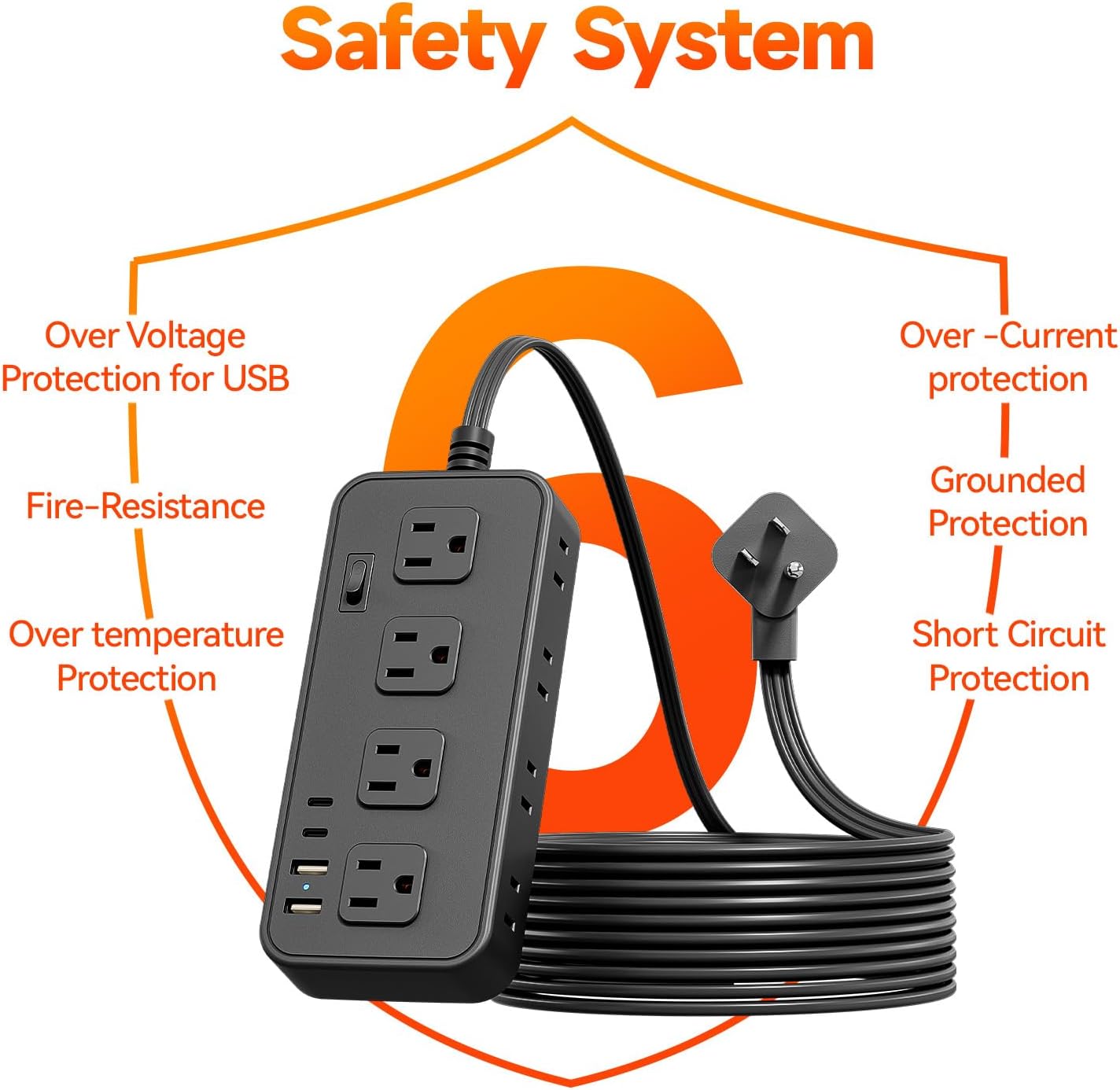 5 FT Extension Cord with 8 Widely Outlets Surge Protector Power Strip with 2 USB Ports & 2 USB C Desk Charging Station for Home Office ETL Black