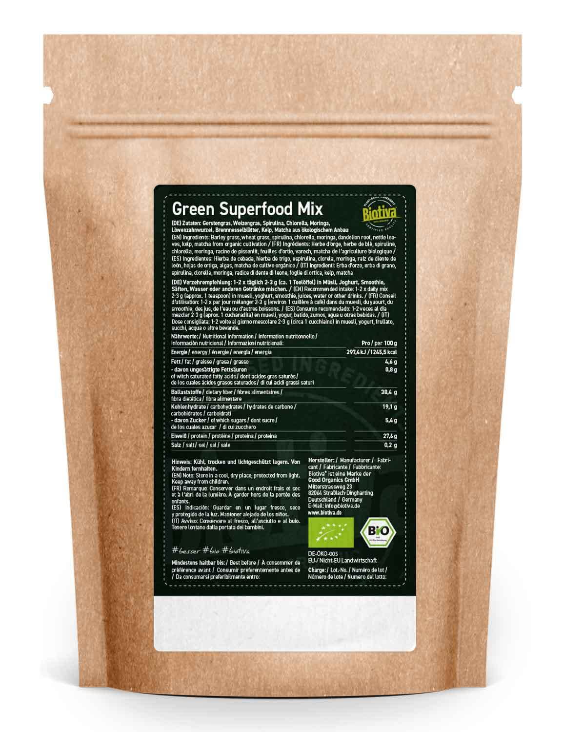 Green Superfood Mix Polvere Biologica 800 g (2 x 400 g) – Erba d'orzo Spirulina clorella Moringa radice di tarassaco Ortica Kelp & Matcha – Mix di 9 superfoods – Biotiva