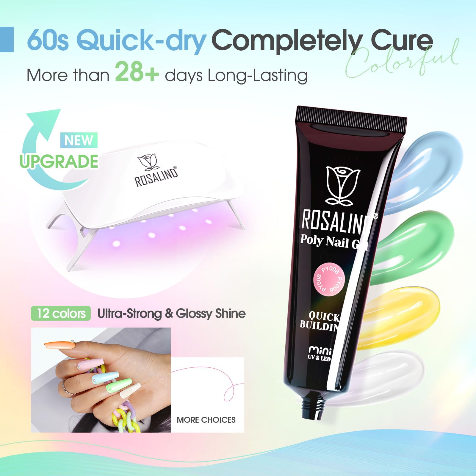 ROSALIND Gel Construction Ongle UV Starter Set, 12pcs 10ml Poly Extension d'ongles en Gel Avec Mini UV Lampe, Base&Top Coat, DIY Nail Art Acrygel Complet Kit pour Femme