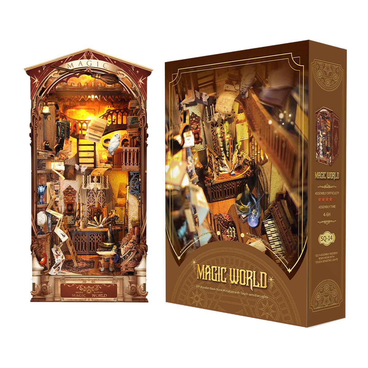 Magic World DIY Book Nook Kit, 3D Wooden Puzzle Miniature House Kit for Book Nook Shelf Insert Decoration, Magic Book House Stand Bookend Dollhouse for Adults (SQ-14)