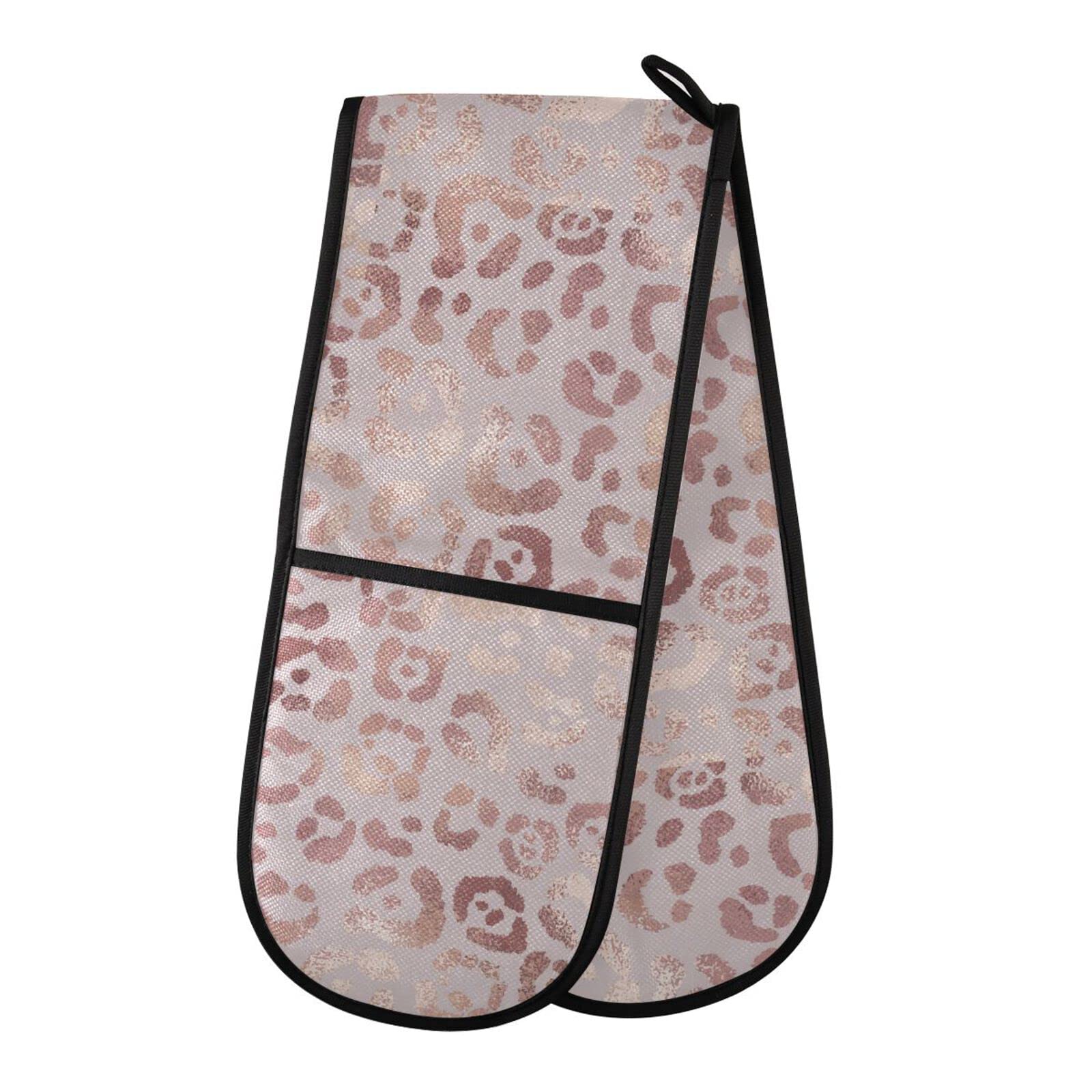 Youjuner Colour 74 Double Oven Glove Pink Leopard Print Heat Resistant Double Ovens Mitt Modern Cooking Gloves Potholders