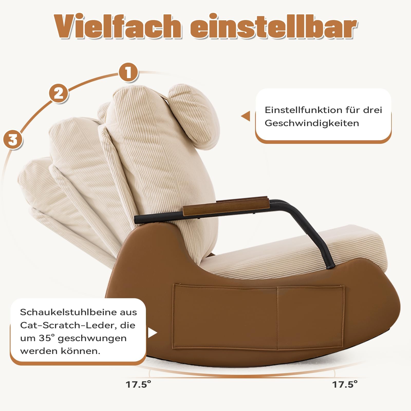 AVAWING Schaukelstuhl mit Klappbarer Rückenlehne,Schaukelsessel mit Kordober Holz und PU,Rocking Chair Schwingsessel für Wohnzimmer,Schlafzimmer,Beige