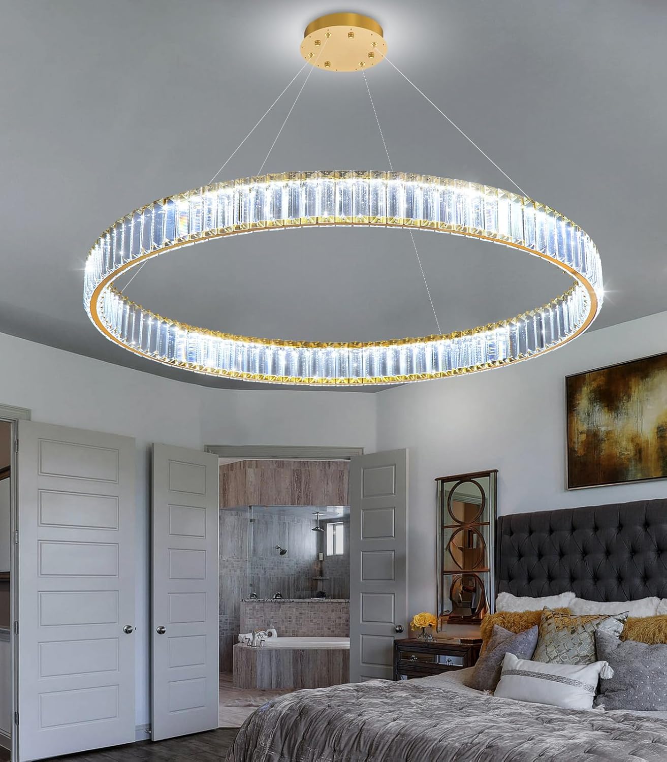 32'' Modern Ring Chandelier Crystal Chandeliers for Dining Room Round LED Dimmable Ceiling Light Fixture for Living Room Bedroom Lighting Gold