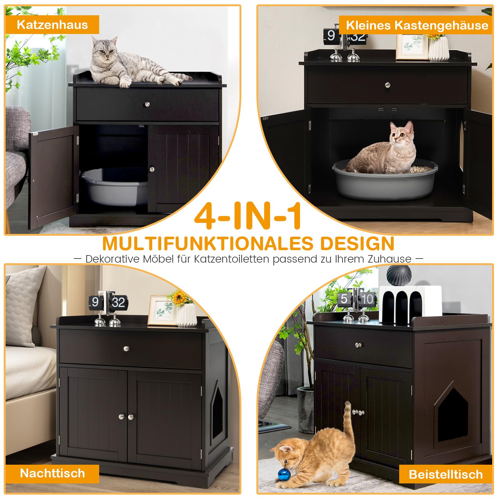 GOPLUS 3 in 1 Katzenschrank, Katzenklo mit Schubladen, Doppeltüren und Katzenlöchern, versteckte Katzentoilette, Katzenstreu-Beistelltisch für Wohnzimmer, Schlafzimmer & Balkon (Braun)