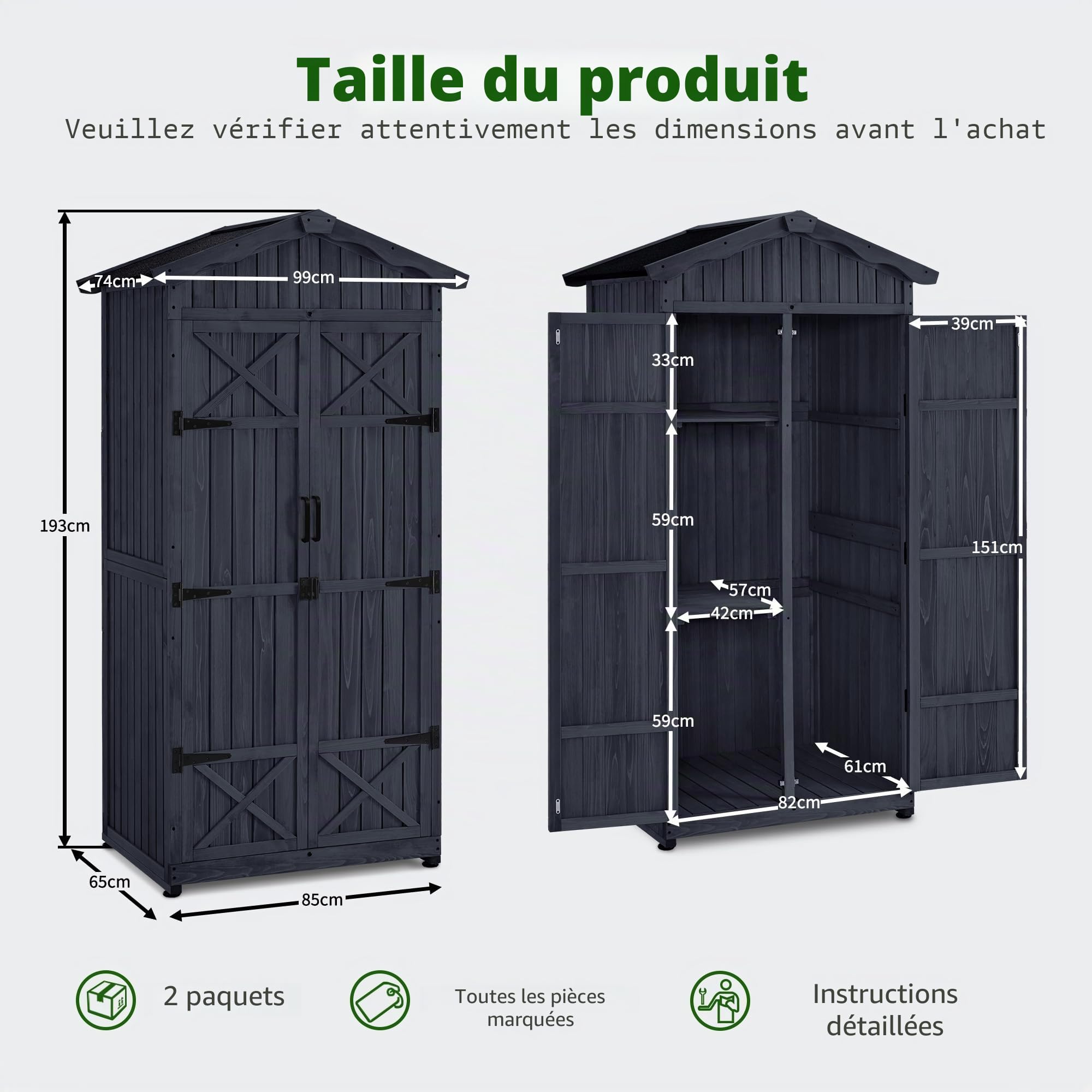 M MCombo Armoire de Jardin Abri de Jardin en Bois résistant aux intempéries, Outdoor Armoire étanche avec Plancher, pour l'extérieur Balcon, 74×99×193 cm (Gris Anthracite)
