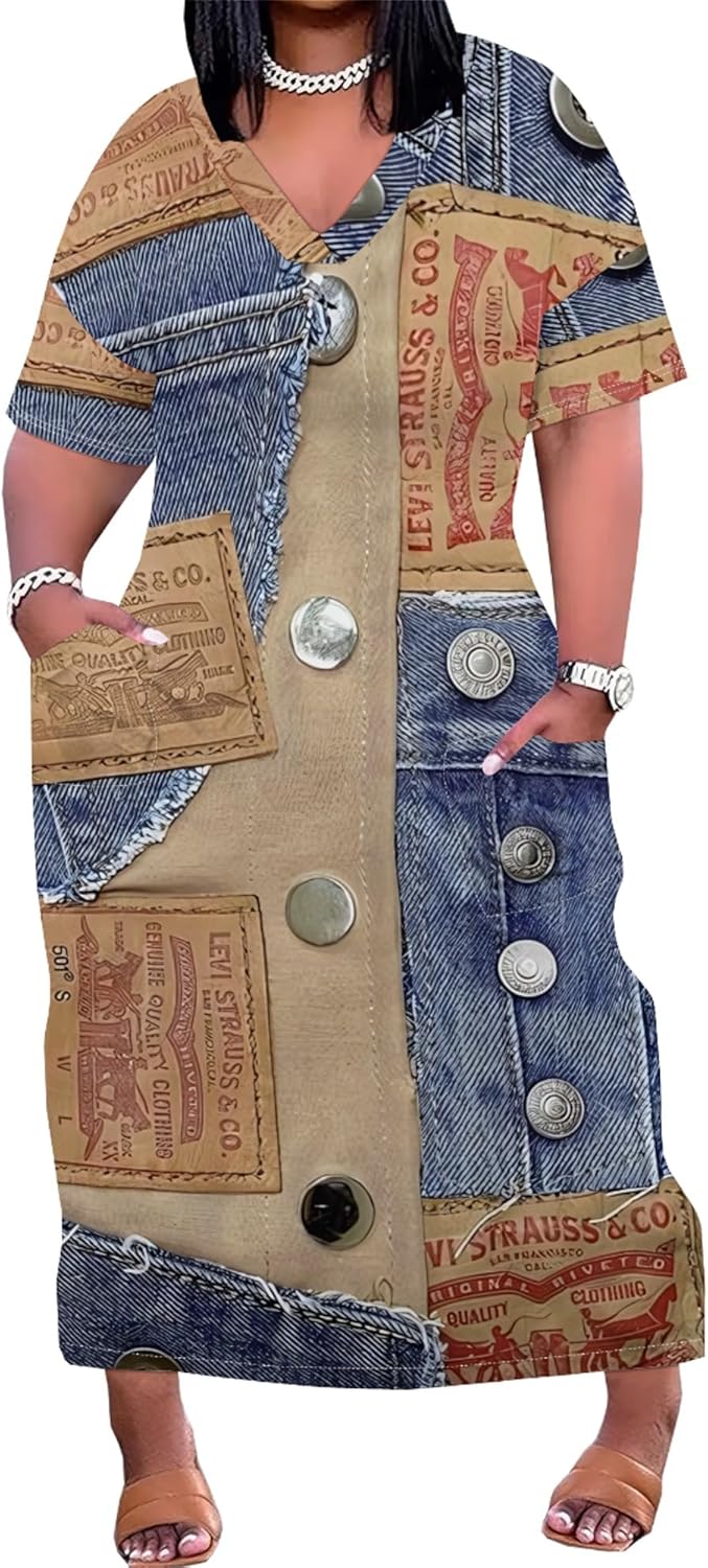 Womens Plus Size Denim Print Fashion Maxi Dresses Casual Soft Tshirt Dress