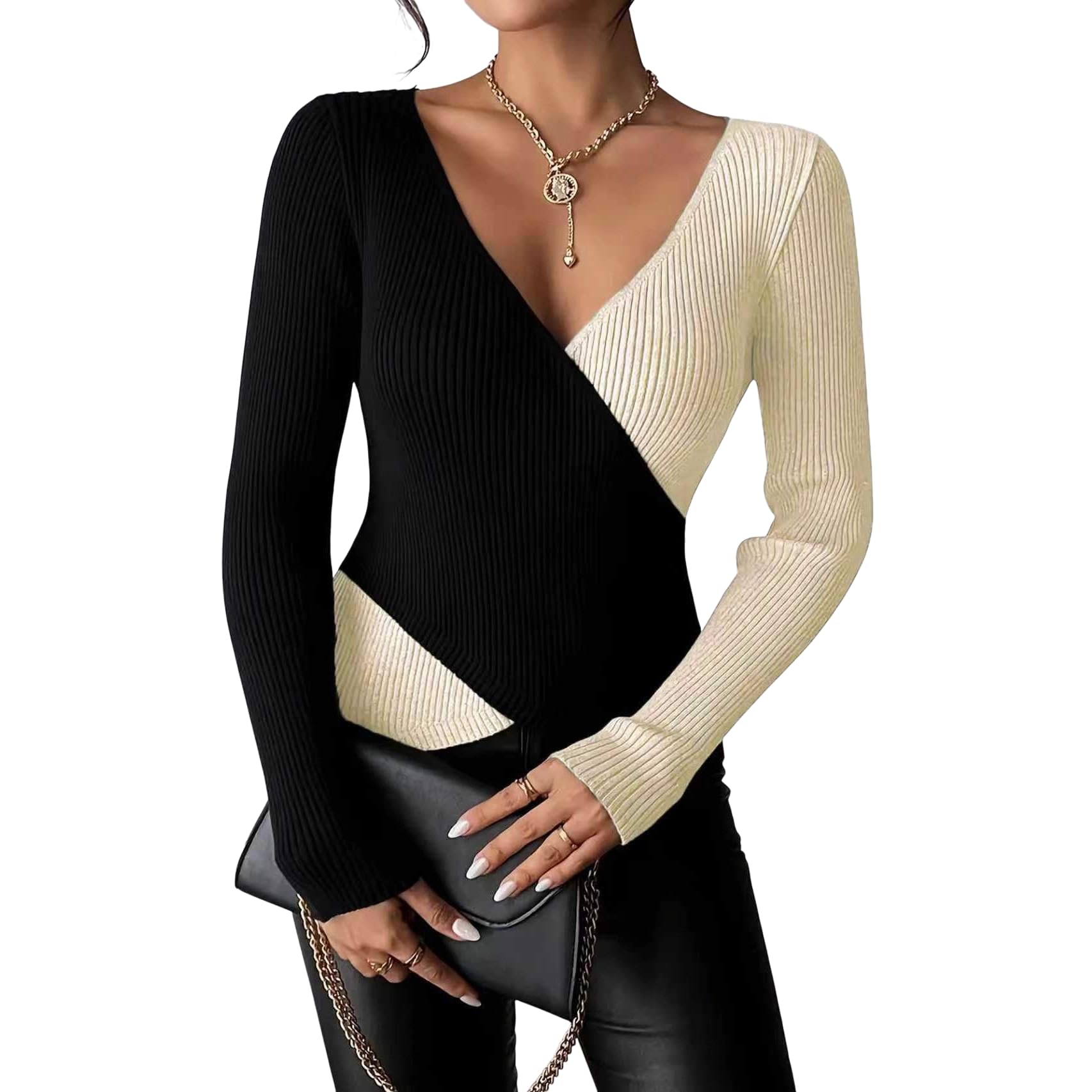 Womens Color Block Sexy Deep Cross V Neck Knitted Sweater Casual Elegant Slim Fit Pullovers Long Sleeve Tops