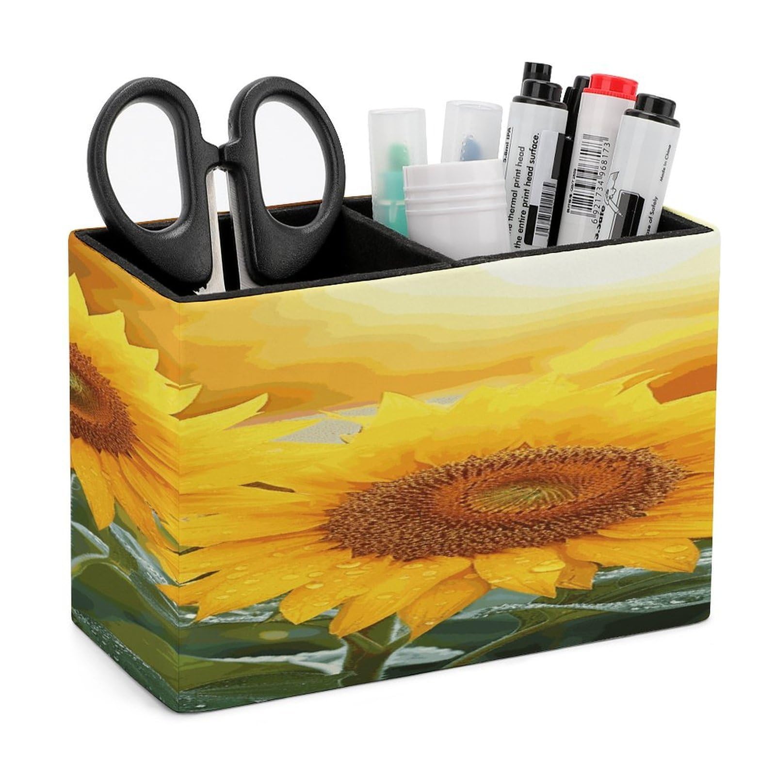 LDGSUPH Sunflower Flowers Leather Pen Holder for Desk Organizer Caddy Large Pencil Cup Multi-function Pencil Holder Makeup Brush Holders Pen Organizer for Home Office Storage Box