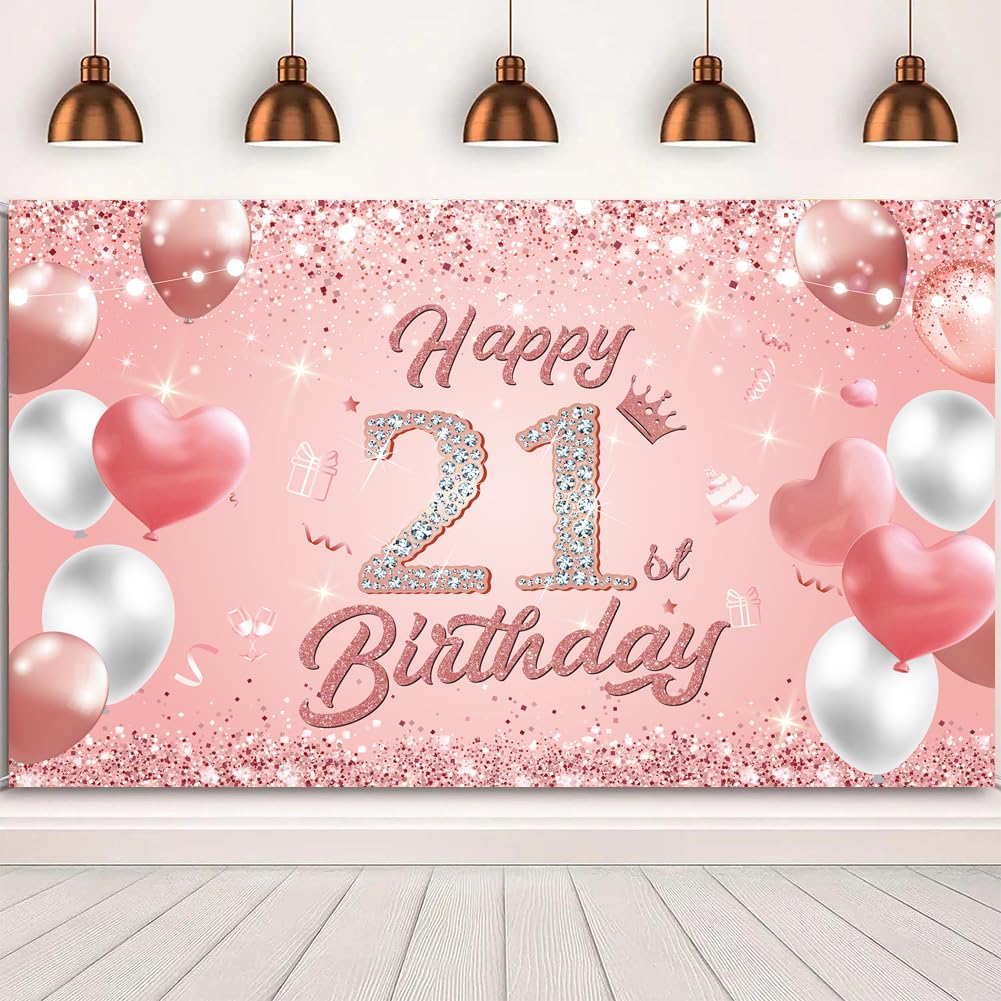 Happy 21st Birthday Banner Rose Gold 1.1 x 1.8m Happy Birthday Banner Backdrop 21st birthday Decorations for Girls Women, 21 Years Old Anniversary Party Supplies