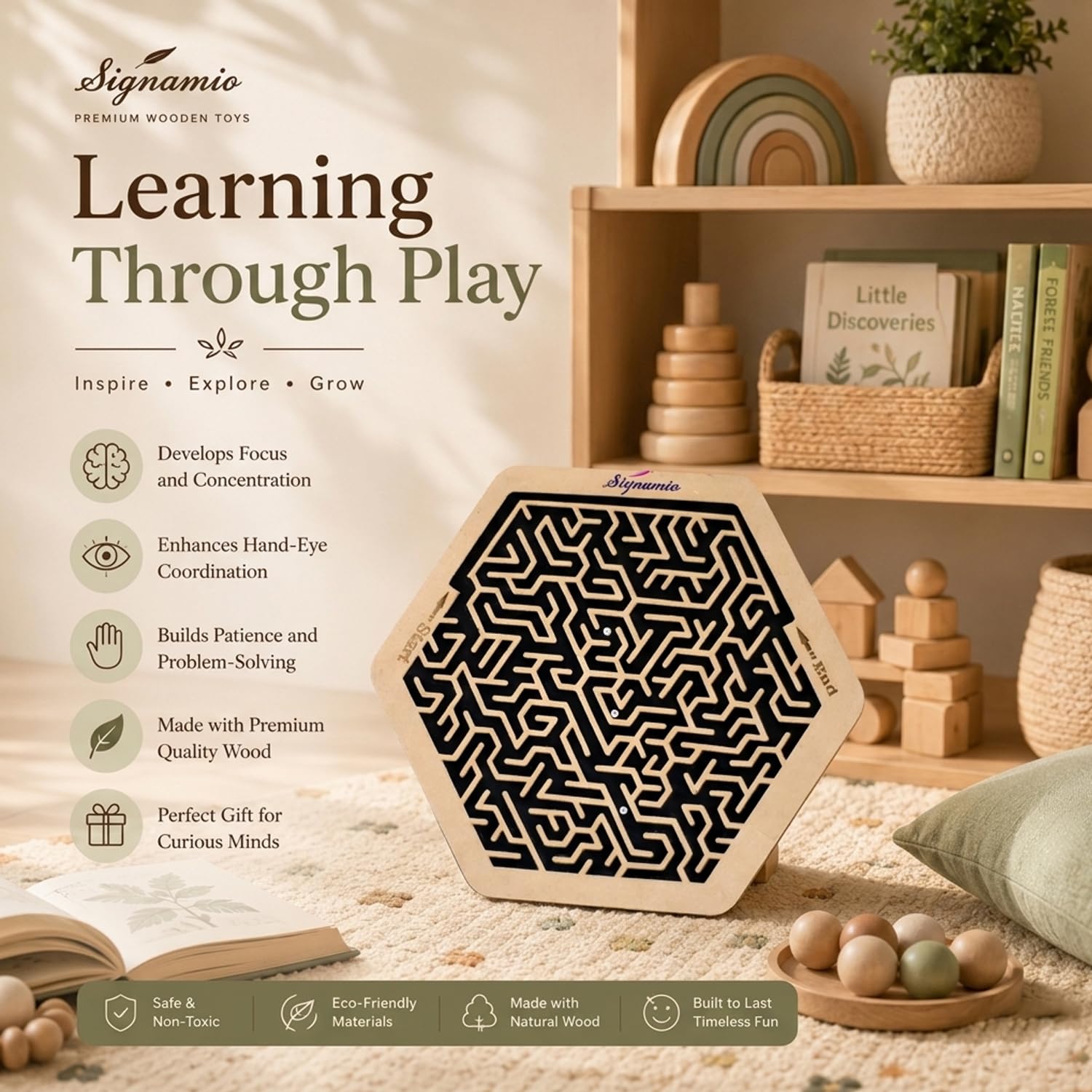 SIGNAMIO® Indoor Wooden Puzzle Game Hexagon Maze Ball - Engaging Mind Games for Kids & Adults, Perfect Brain Teaser & Time Pass Activity, Ideal Wooden Board Game for All Ages 2