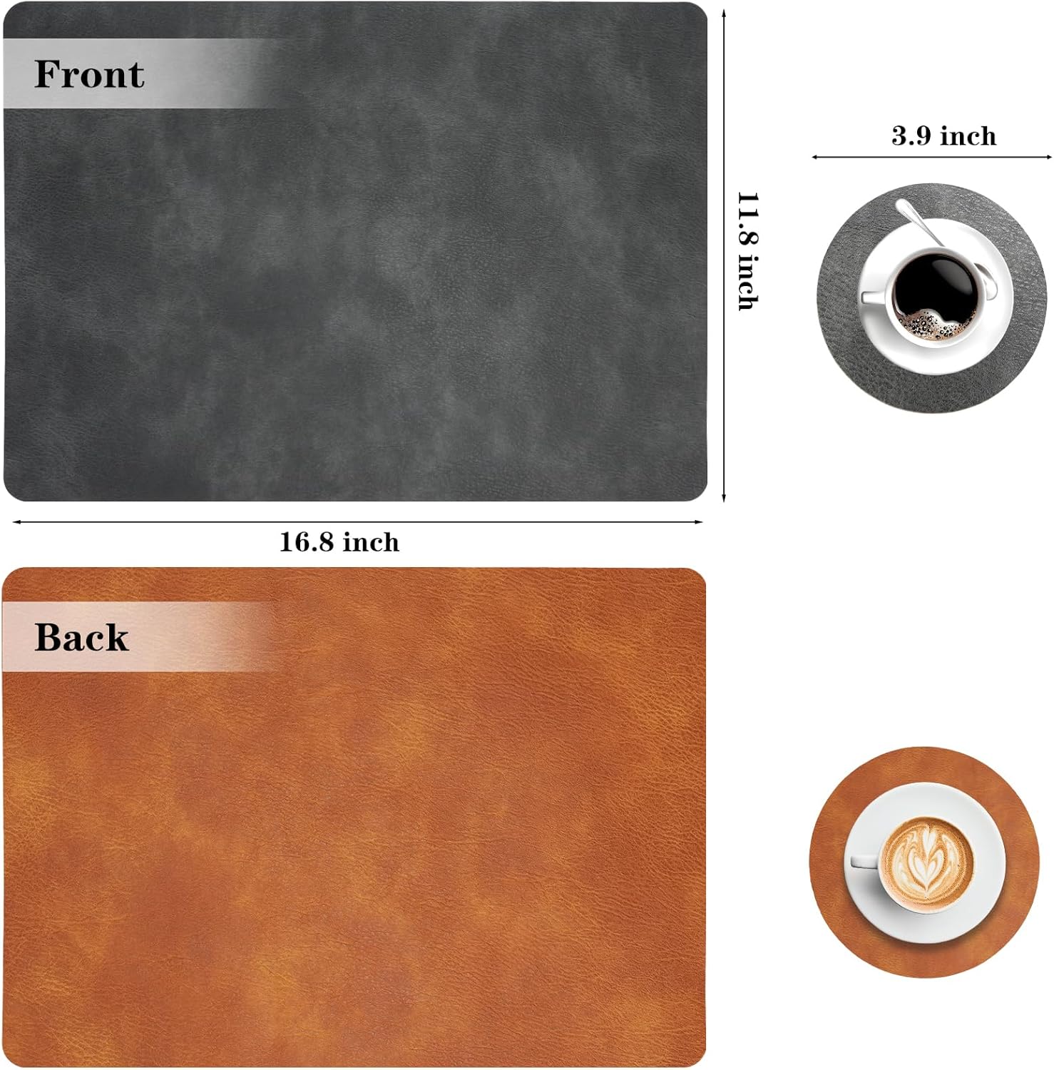 Faux Leather Placemats and Coasters, Washable Reversible Placemats Set of 8 Cowhide Pattern Place Mats Waterproof Non-Slip Kitchen Dining Table Mats Drink Coasters (Gray Brown, 8)