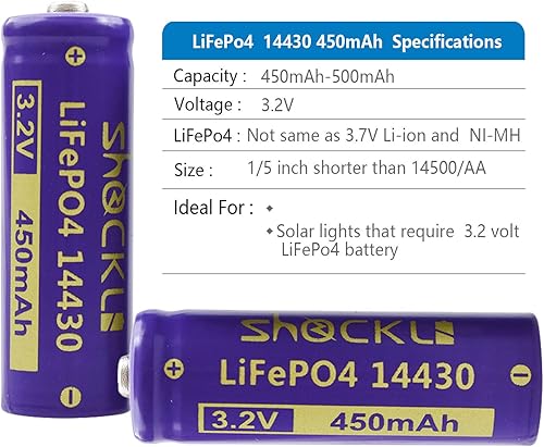 Miniatura 7 de Shockli 14430 - Batería solar recargable LiFePo4 de 3.2 V 450 mAh para luz solar de paisaje, más corta que AA!