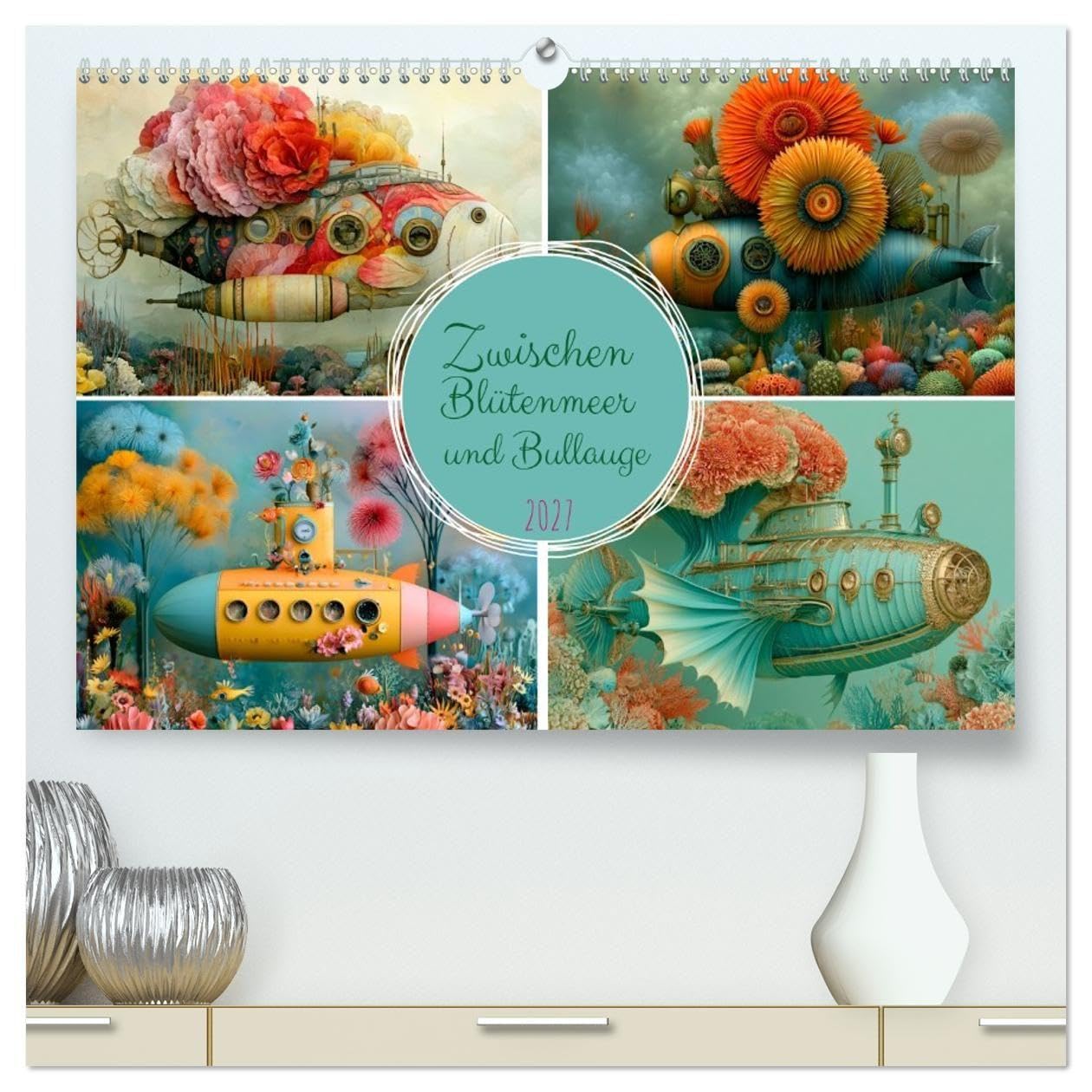 Zwischen Blütenmeer und Bullauge (hochwertiger Premium Wandkalender 2027 DIN A2 quer), Kunstdruck in Hochglanz: Fantasievolle KI-Kunst voller ... zwischen Korallen und Fantasie