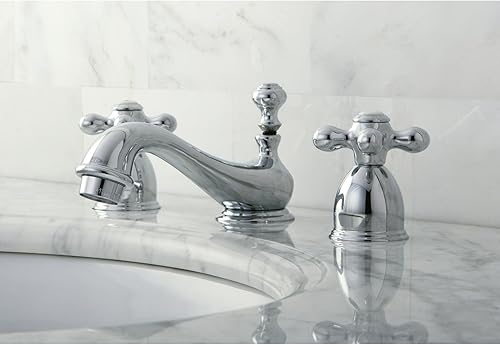 Miniatura 5 de Kingston Brass KS3952AX Restoration Mini grifo de lavabo generalizado con mango cruzado de metal, latón pulido, centro ajustable de 4 pulgadas