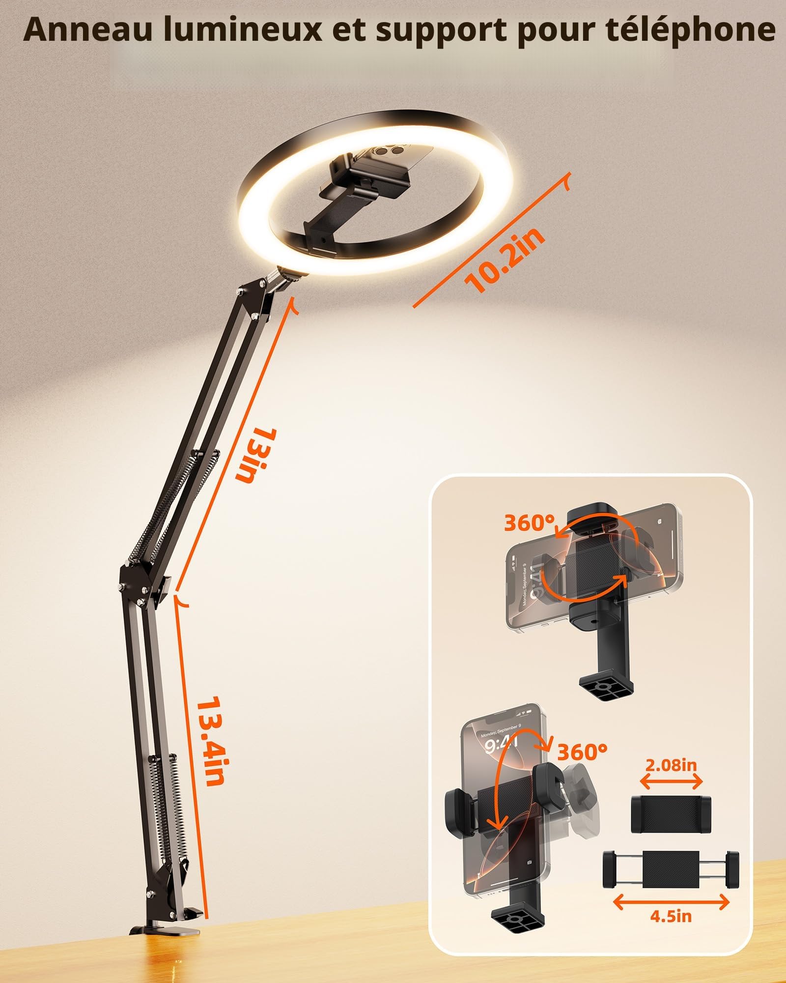 LUXSURE Anneau Lumineux avec Trépied, Support de Caméra Aérienne avec Ring Light 10'', Support Téléphone avec Télécommande Bluetooth, Idéal pour Enregistrement Vidéo, Cuisine, Streaming en Direct