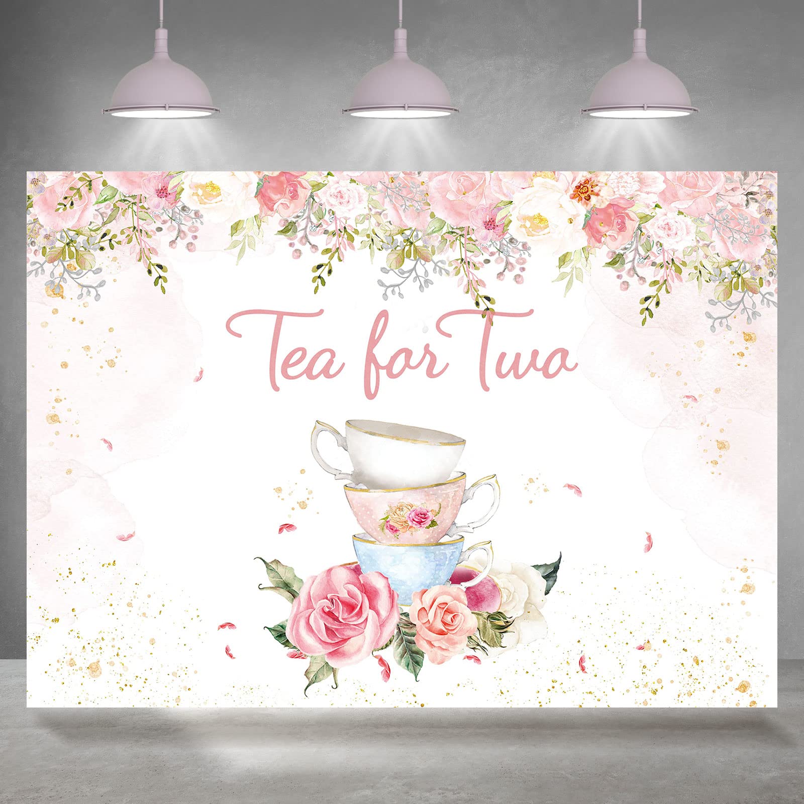 Rsuuinu Tea for Two Backdrop 2nd Birthday for Baby Girls Photography Background Pink Blush Gold Dots Floral Tea Party Picture Afternoon Banner Party