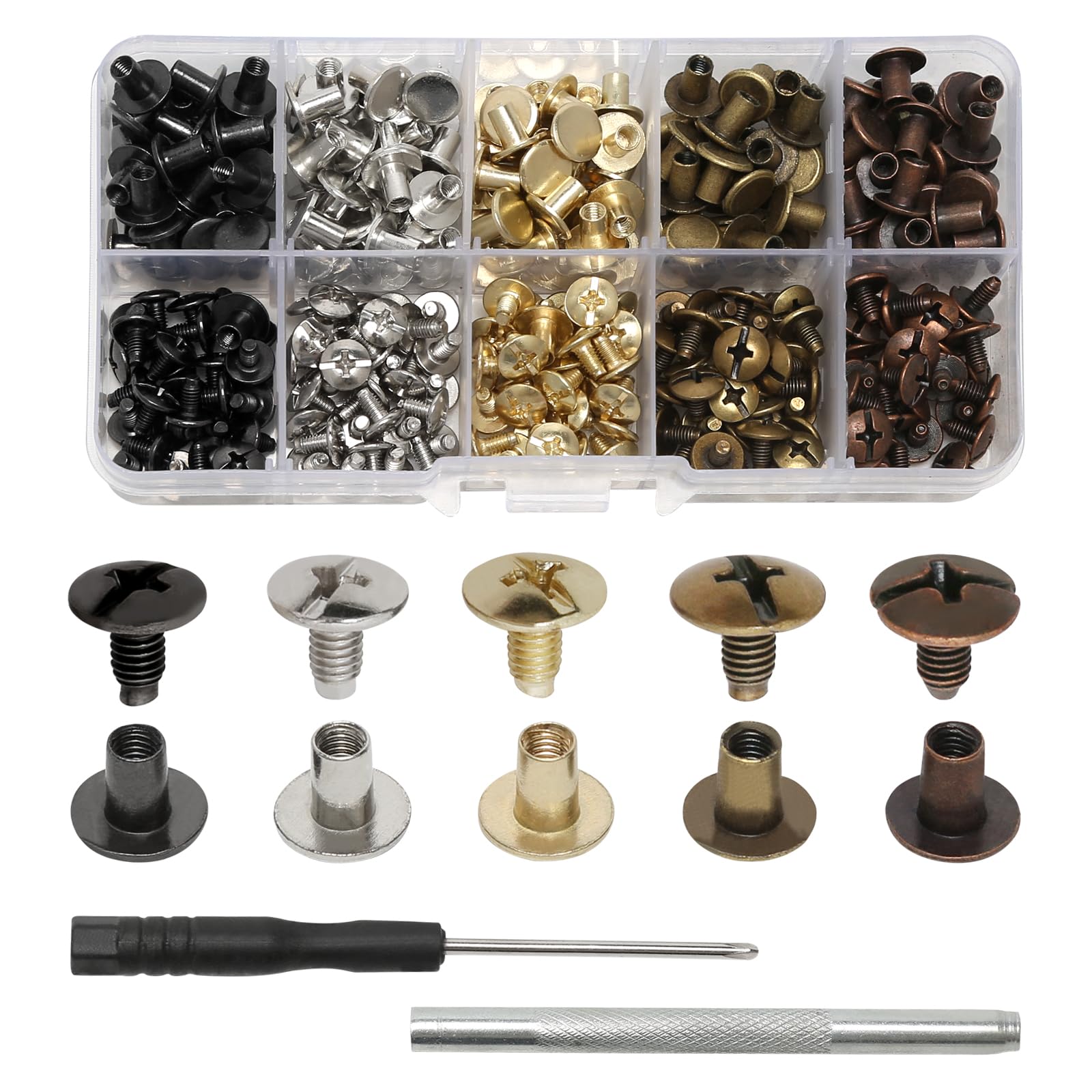150 Juegos Tornillos Chicago, Kit de Remaches de Tornillo de Cabeza Plana M5x6/8 mm, Remaches de Cabeza Cruzada, Remaches de Cuero para Decoración de Cuero DIY, Cinturones, Libros, Álbumes de Fotos