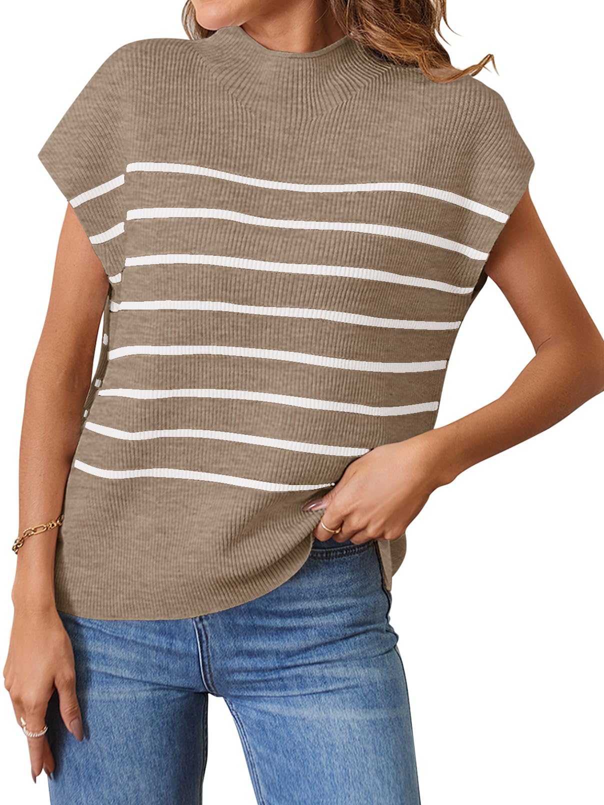 MEROKEETYWomen's 2025 Sleeveless Mock Neck Striped Sweater Vest Cap Sleeve Ribbed Knit Pullover Tank Tops