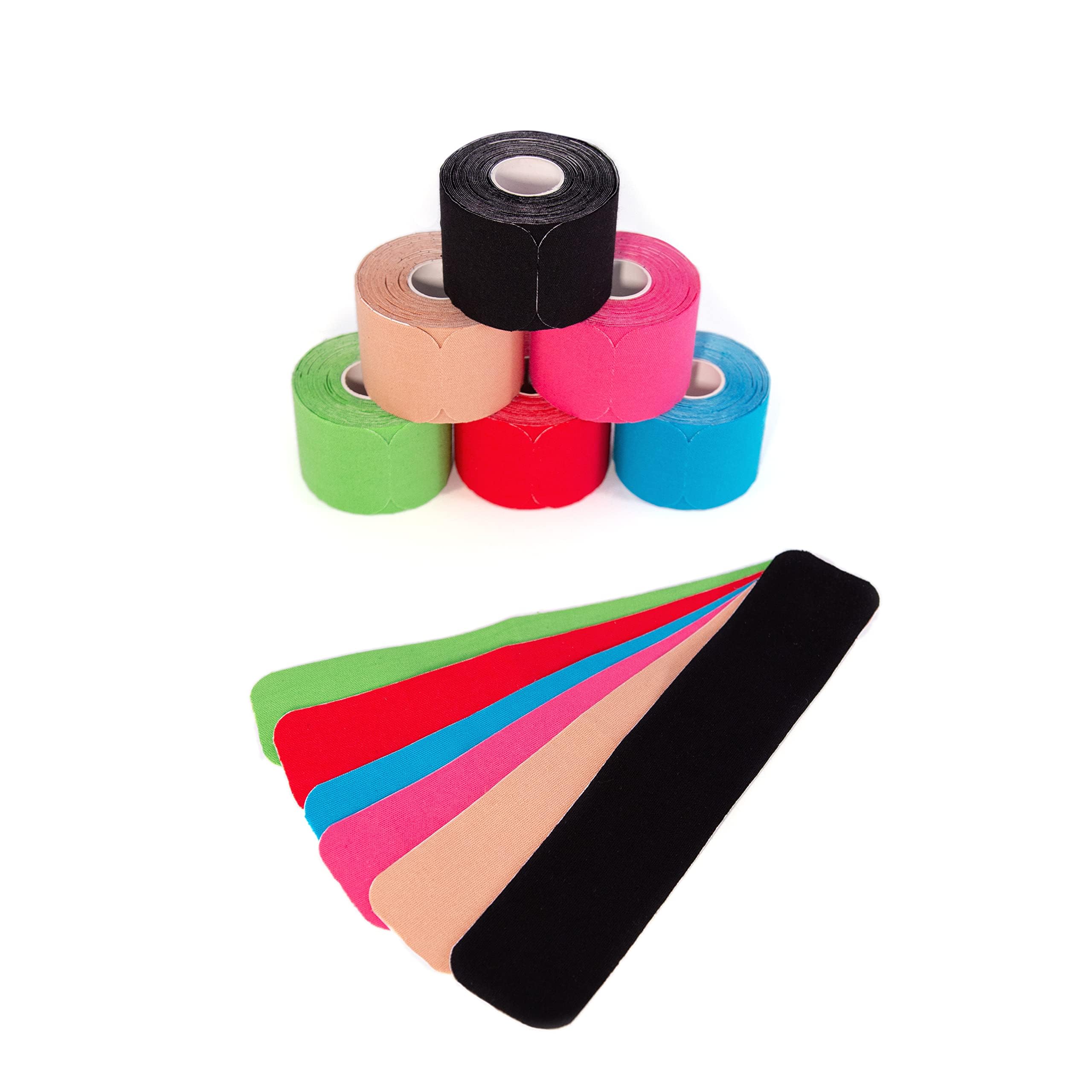 axion Kinesiology Tape PRECUT Mix Set | 120 Pre-Cut Multicolored Sport Tape Strips 10 x 2 in - on 6 Rolls | Waterproof • Skin-Friendly • Elastic | Kinesiology Tapes Ideal for Sports
