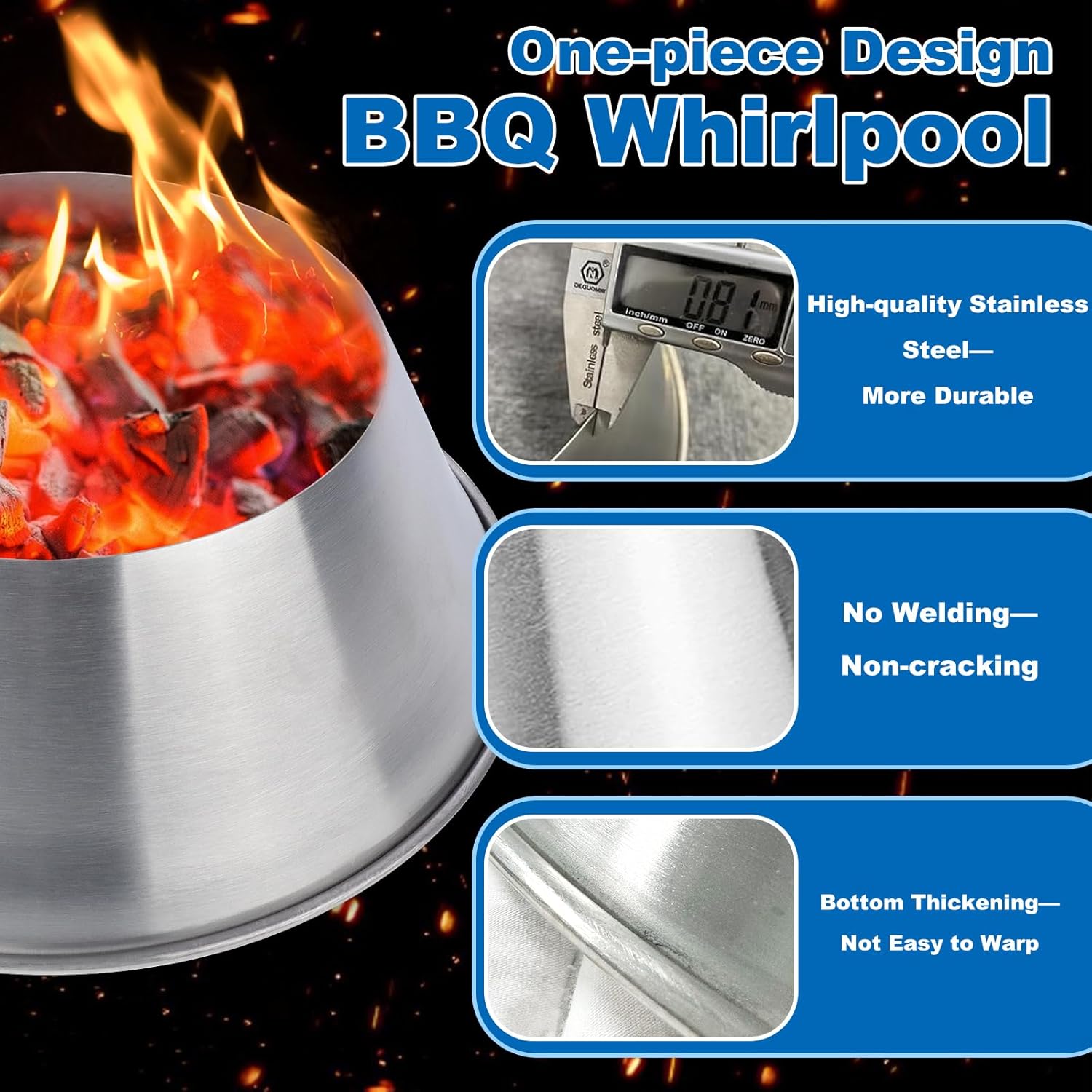 Upgrade BBQ Whirlpool for Weber Kettle 22/26.75 Charcoal Grill Accessories, One-Piece Swirl Design Medium Size for WSM Smokey Mountain,XL Kamado,XL Big Green Egg Grilling Accessory,Stainless Steel