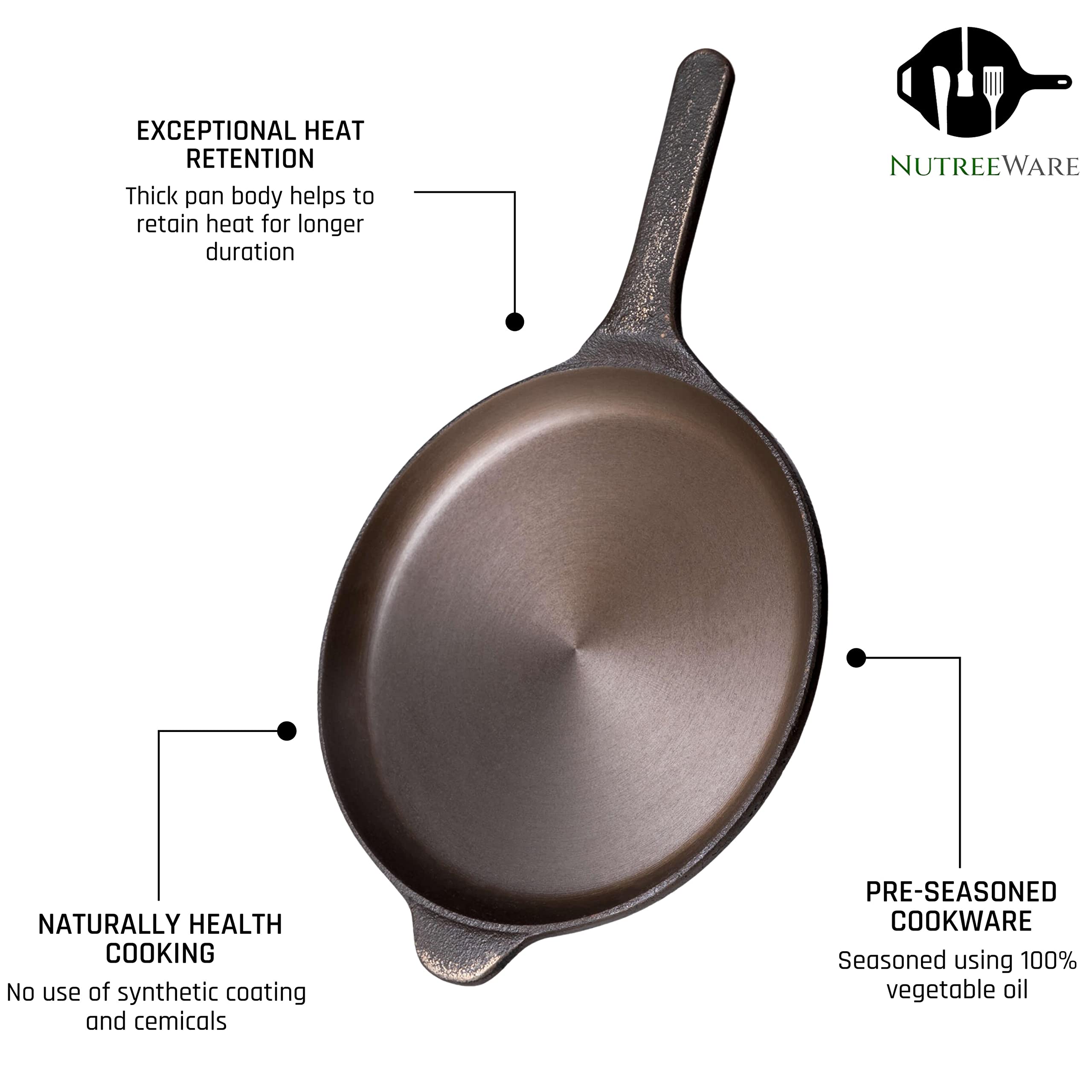 Nutreeware Pre-Seasoned Cast Iron Omellette Tawa β 10 inch | Dosa Kallu | Chemical-Free | Naturally Non-Stick by Edible Oil | Toxin-Free | Gas & Induction Compatible | Black 4