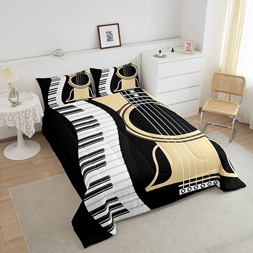 Miniatura 3 de Erosebridal Juego de edredón de guitarra, tamaño Queen para niños y niñas, juego de ropa de cama con teclados de piano, juegos de ropa de cama