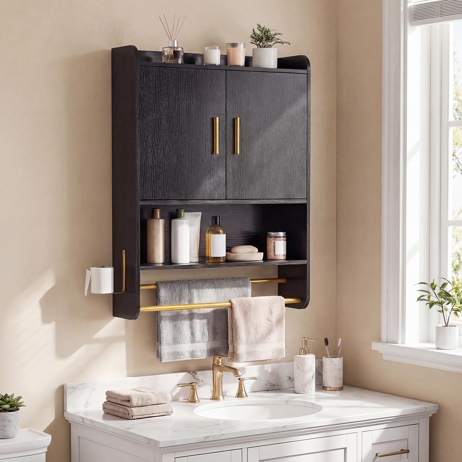 COSTWAY Armario de Pared para Baño, Armario de Almacenamiento con Puertas, Estante Ajustable, Compatimento Abierto, Barra para Colgar, Mueble Colagnte para Cocina, Salón, 55 x 20 x 80 cm (Negro)