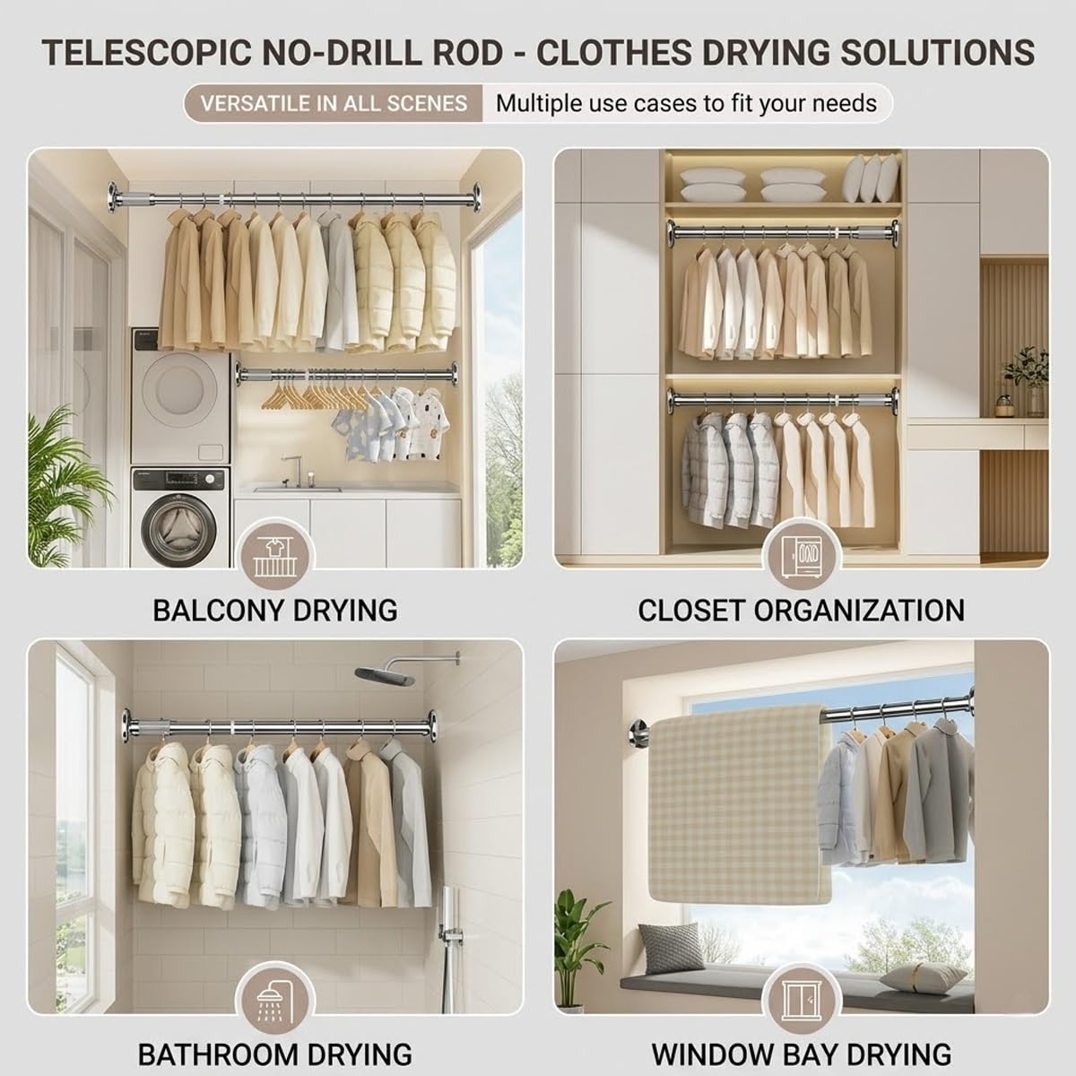 Tringle à Rideau Extensible Barre Douche Réglable Sans Percage 40-250 cm Tringle Télescopique Acier Inoxydable pour Armoire Portes Fenêtre(Blanc,(43-79")110-200cm)