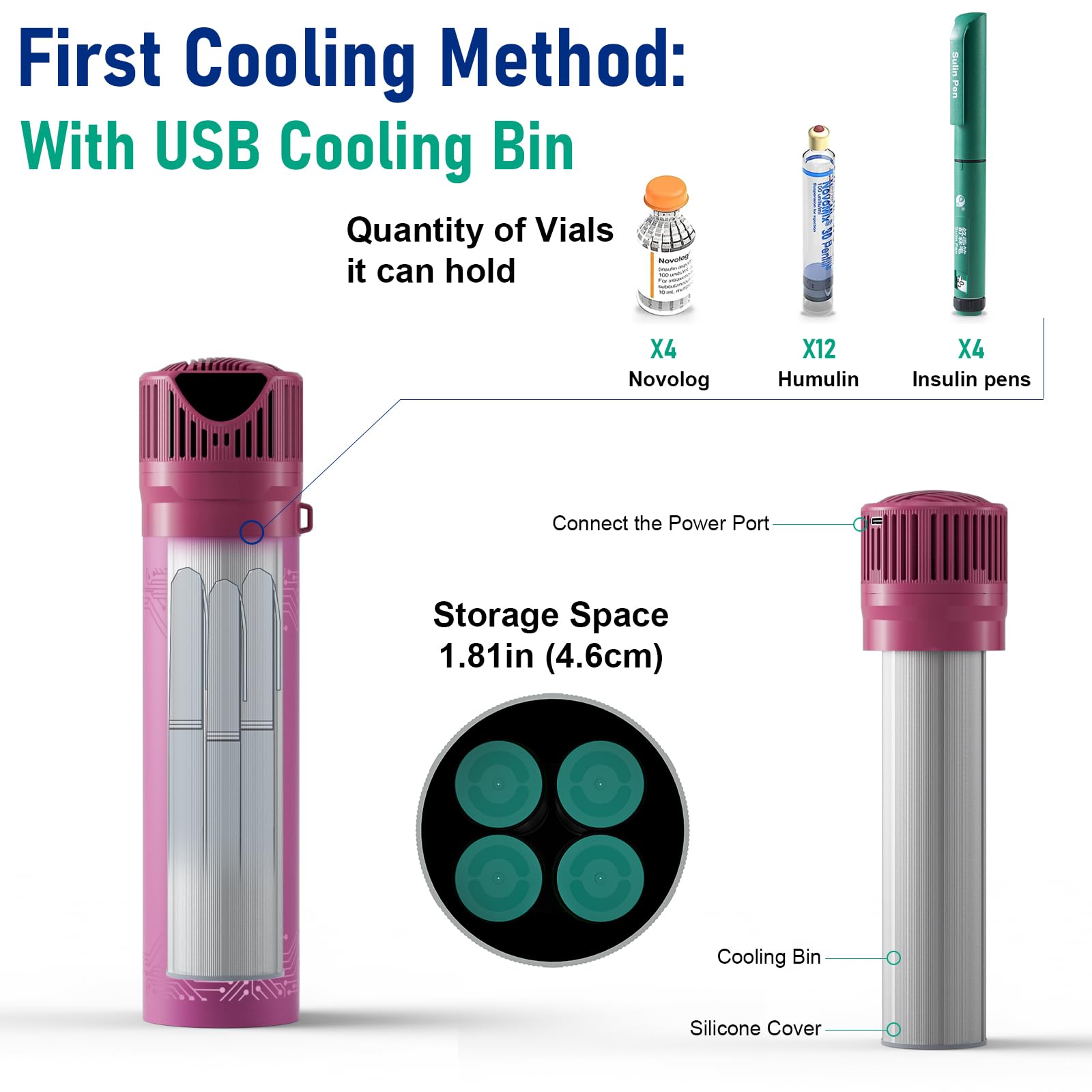 USB Nevera Insulina de Viaje 2-8 °C, 4 pluma Enfriador Portátil de Viaje para Medicamentos con bolsa de gel, mini refrigerador de insulina bolsas, magenta