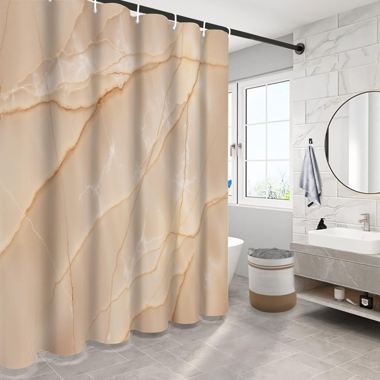 Rideau De Douche Texture De Marbre Art Naturel Tissu Imperméable Lavable avec Crochets Anti Moisissure en Polyester Rideau Douche pour Salle De Bain