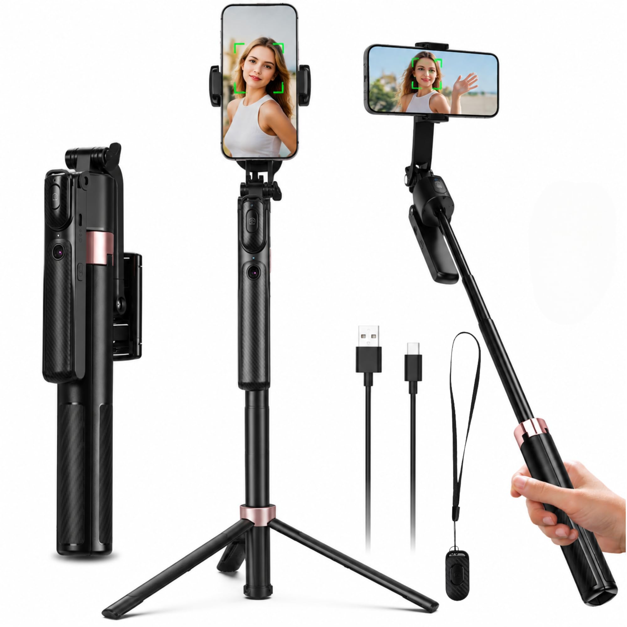 Trépied de téléphone portable pour smartphone - Rotation à 360° - Perche à selfie automatique avec 4 pieds - 160 cm - Avec télécommande - Contrôle par gestes - Pour Vlog Live Stream Travel