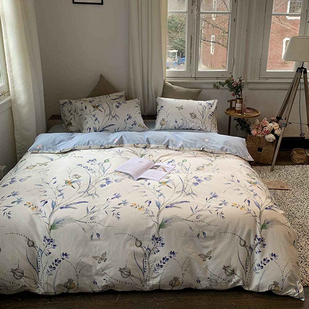 Flower Bedding Sets King Botanical Women Comforter Cover King with 4 Corner Ties 100% Cotton Teens Duvet Cover King for Girls Toddler Adults Birds Duvet Cover King Blue Quilt Cover Cream, No Comforter