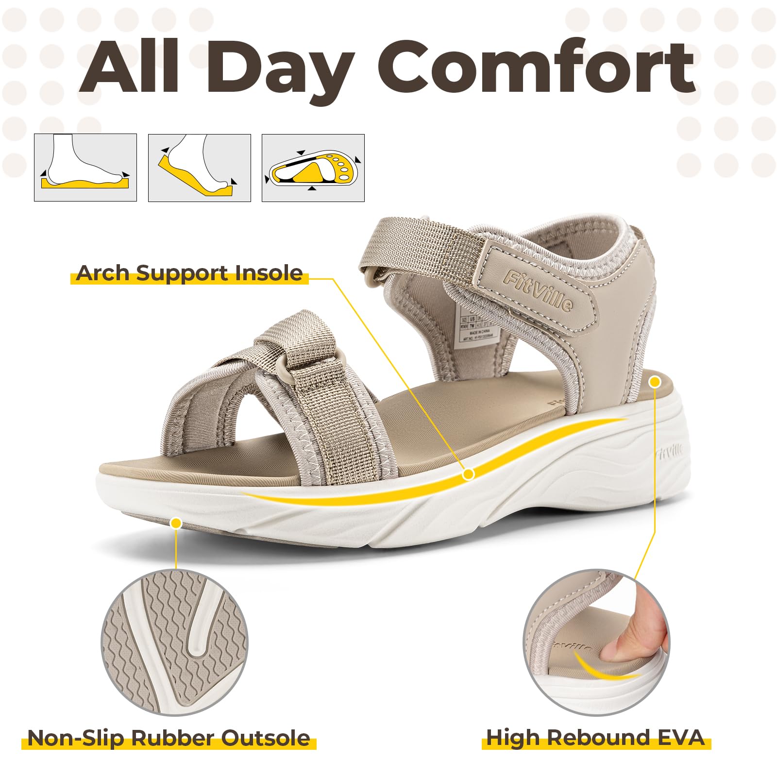 FitVille Sandali Donna Extra Larghi con Plateau, Supporto Plantare, Chiusura Regolabile, Ideali per Camminare per Piedi Sensibili Taglie 35.5-42.5 EU