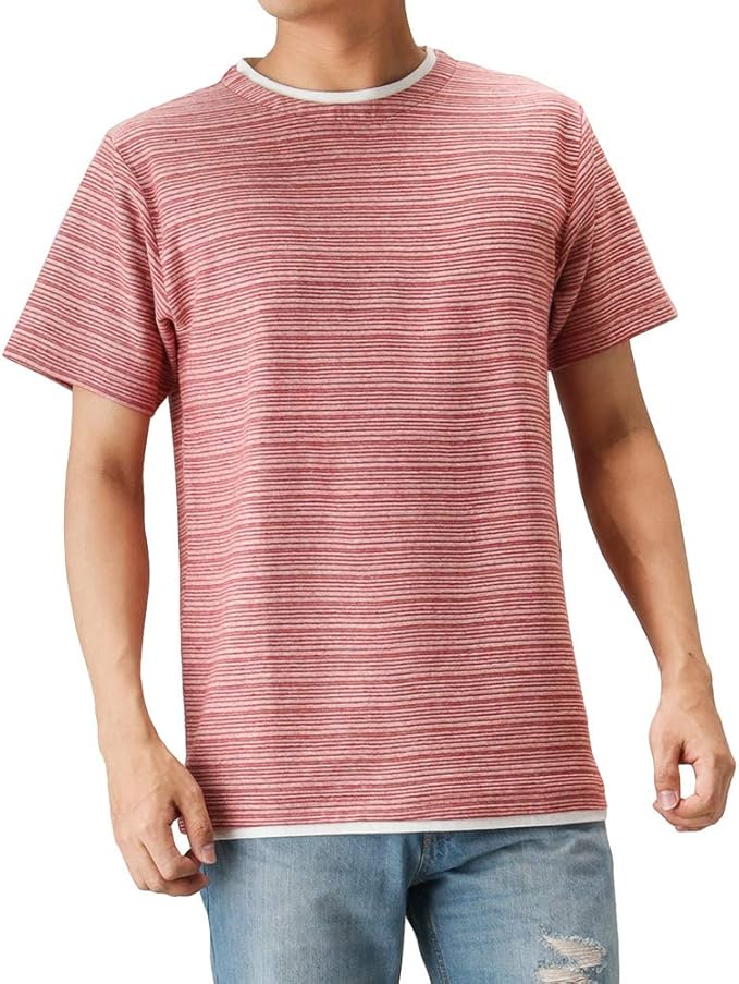 Amazon Tシャツ メンズ 半袖 棉 クルーネック カットソー 半袖tシャツ ボーダーtシャツ おしゃれ カジュアル ボーダー 重ね着風 Mh ss レッド S Tシャツ カットソー 通販