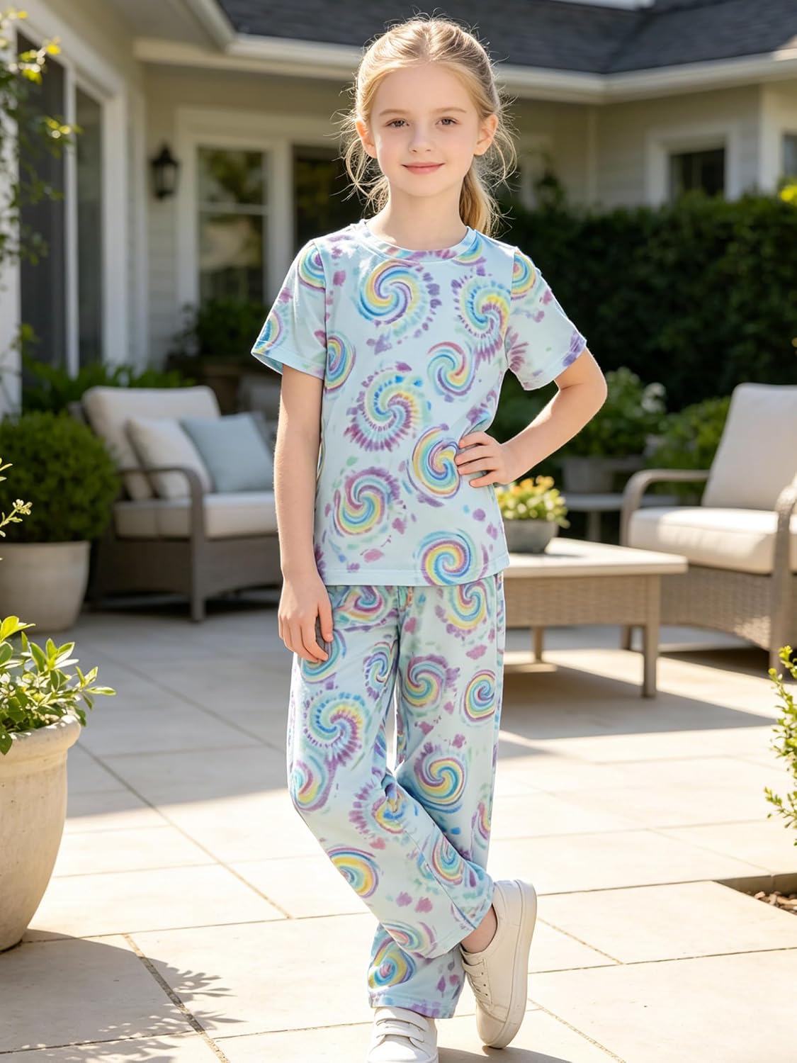 LUCKYLI Girls Summer Outfits Rainbow Spiral Tie Dye Style Short Sleeve Tops and Long Pants 2 Piece Fashion Clothing Set 4-12Y