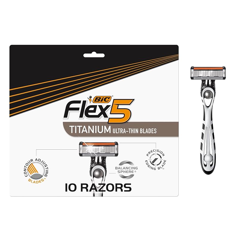 Aparelhos de Barbear Descartáveis BIC Flex 5 Masculinos com 5 Lâminas e Cabeça Móvel, Pacote com 10