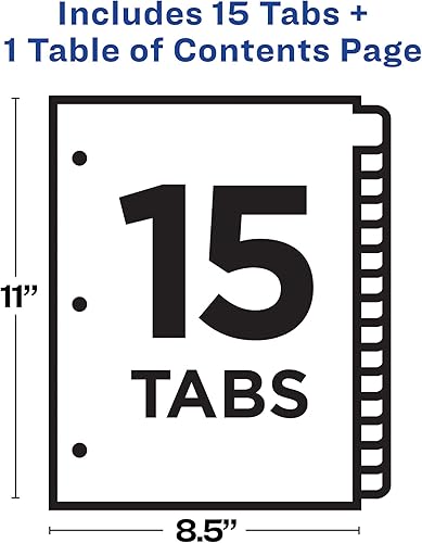 Miniatura 4 de Avery Separadores de 15 pestañas para carpetas de 3 anillas, tabla de contenido personalizable, pestañas blancas clásicas, 1 juego (11142)