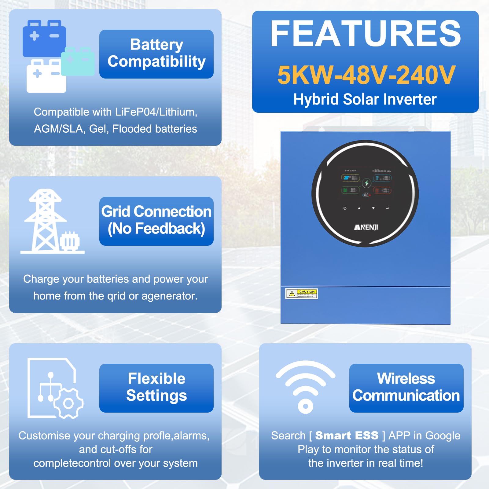 5000W Inverter Ibrido 48V Inverter Fotovoltaico a Onda Sinusoidale Pura, Tensione a Circuito Aperto Fotovoltaico 60–500 Vcc Dispone di Due Porte di Uscita Integrate e un Modulo WiFi