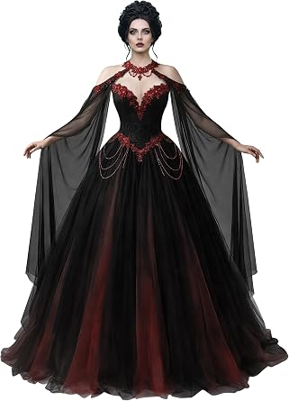 Mauuwy 3D Flowers Vampire Wedding Dress Cape Sleeves for Halloween | Gothic Bridal Dress for Women ,Lace Beaded Vestidos de Novia,Black Wedding Gown for Bride Party ,Available for size 0-26Plus