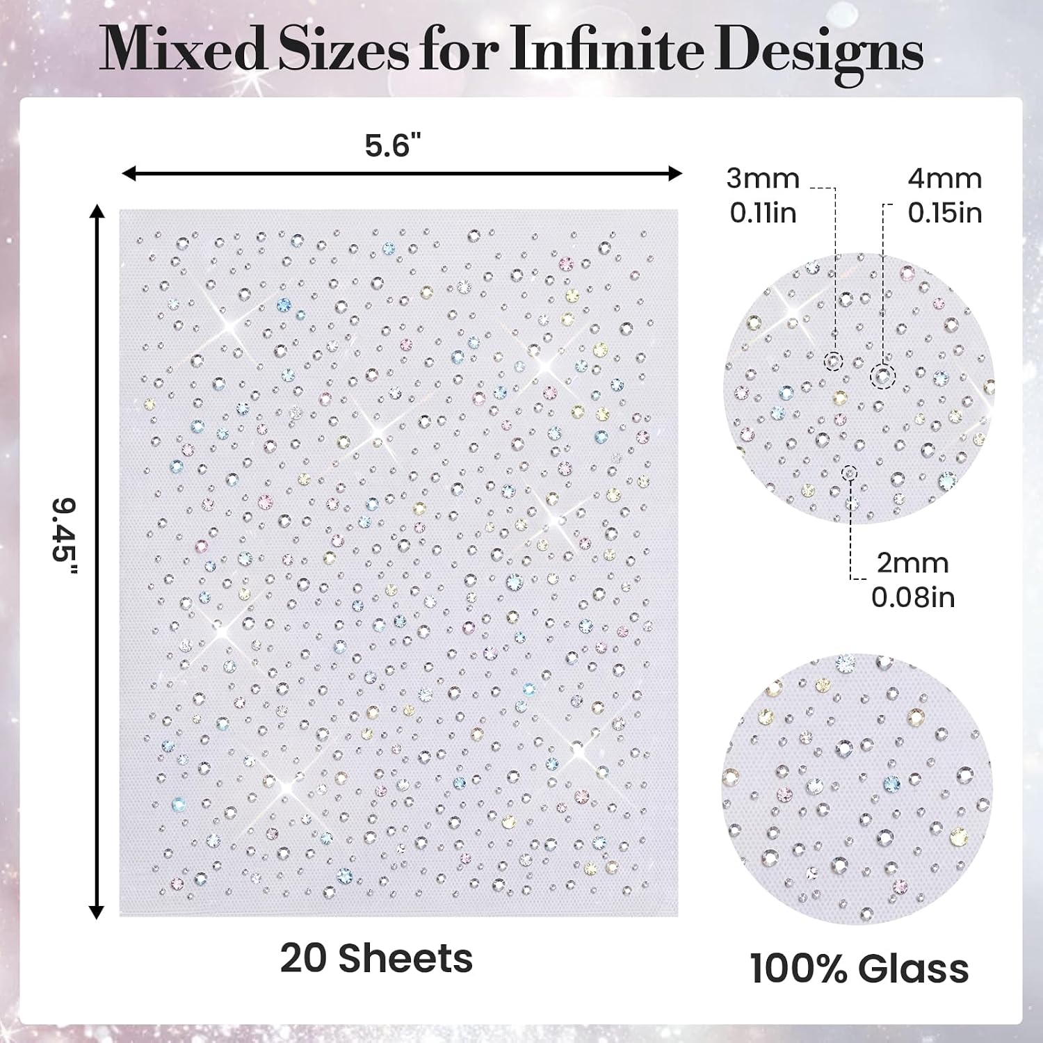 20 Pack Rhinestone Iron On Sheets, Mixed 2/4mm Glass Crystals Heat Transfer Rhinestones for DIY Clothing,Denim, Bags & Decor