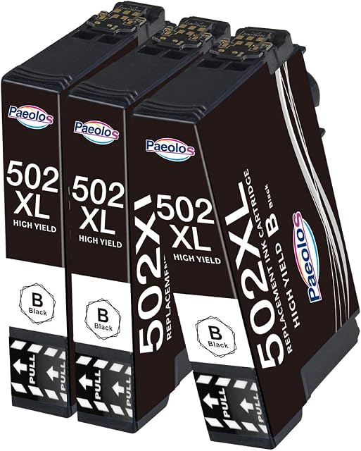 Paeolos 502XL Black Ink Cartridges for Epson 502 for Epson Expression Home XP-5100 XP-5105 XP5100 XP5105 Workforce WF-2860DWF WF-2865DWF WF2860 WF2865 (3 Black)