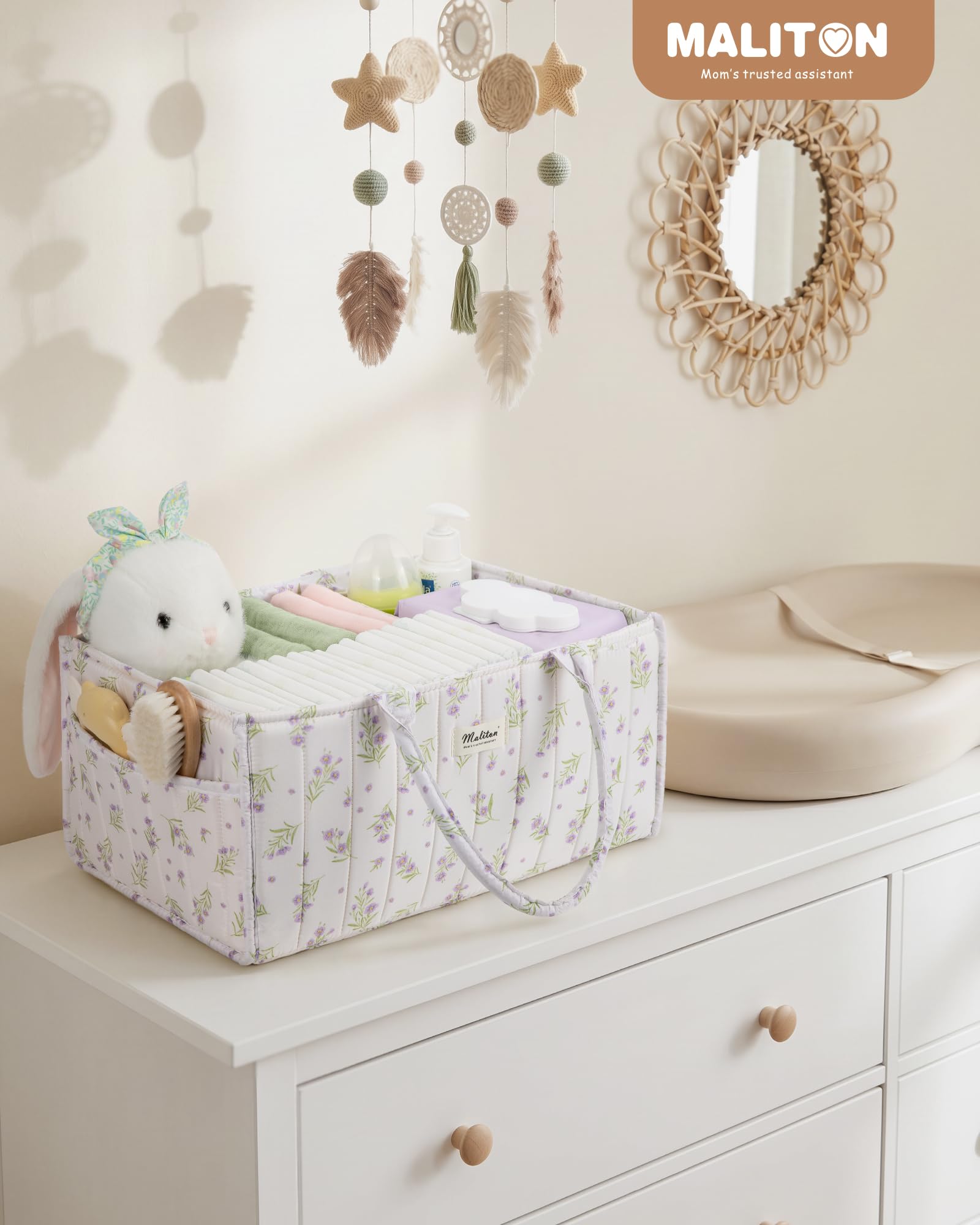 Maliton Panier Rangement Bébé, Organiseur table à langer, panier de rangement pour couches avec compartiments et poignées, essentiels nouveau-né, cadeau naissance bébé, Fleurs violettes